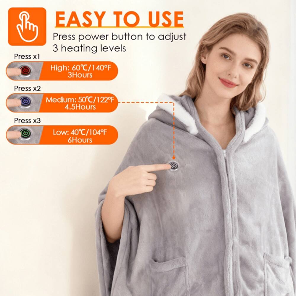 EASY TO USE  
Press power button to adjust 3 heating levels  
Press x1 High: 60°C/140°F 3Hours  
Press x2 Medium: 50°C/122°F 4.5Hours  
Press x3 Low: 40°C/104°F 6Hours