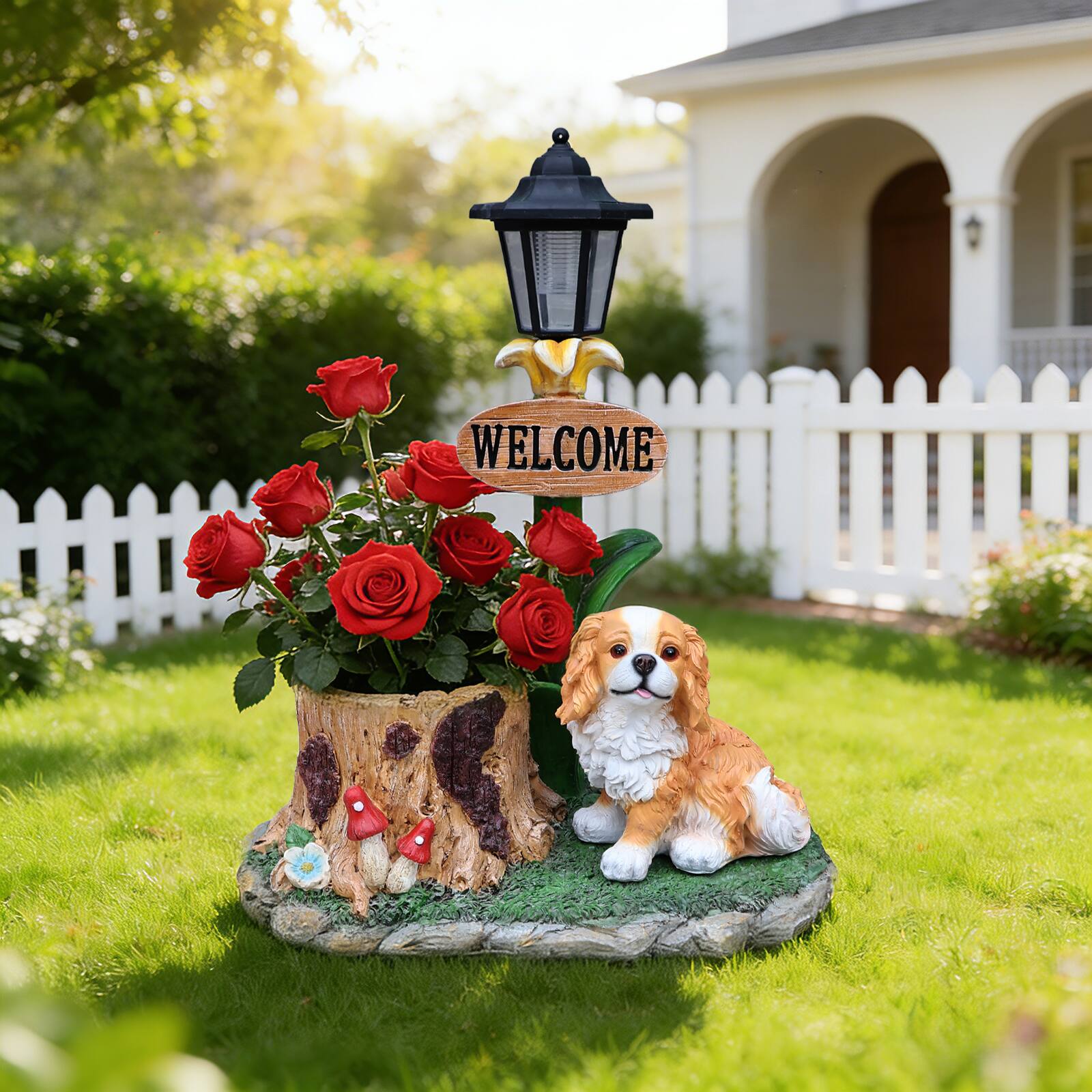 Angle. Anysun - Sitting Dog Solar Lantern Planter Statue – Weather-Resistant Resin Garden Decor with Built-In Light and Flower Pot - Brown.