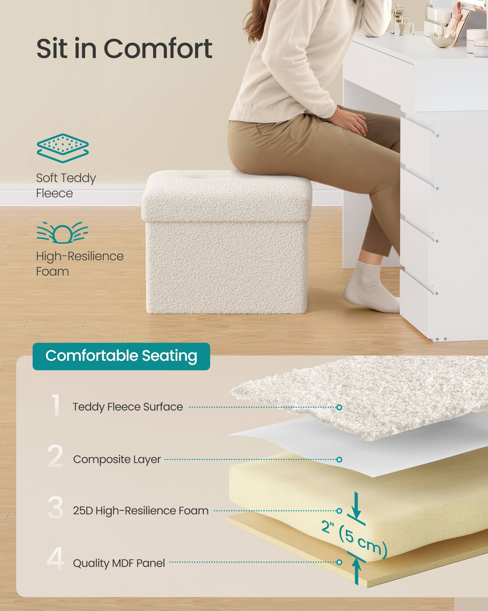 Sit in Comfort

Soft Teddy Fleece
High-Resilience Foam

Comfortable Seating

1. Teddy Fleece Surface
2. Composite Layer
3. 25D High-Resilience Foam
4. Quality MDF Panel
2" (5 cm)