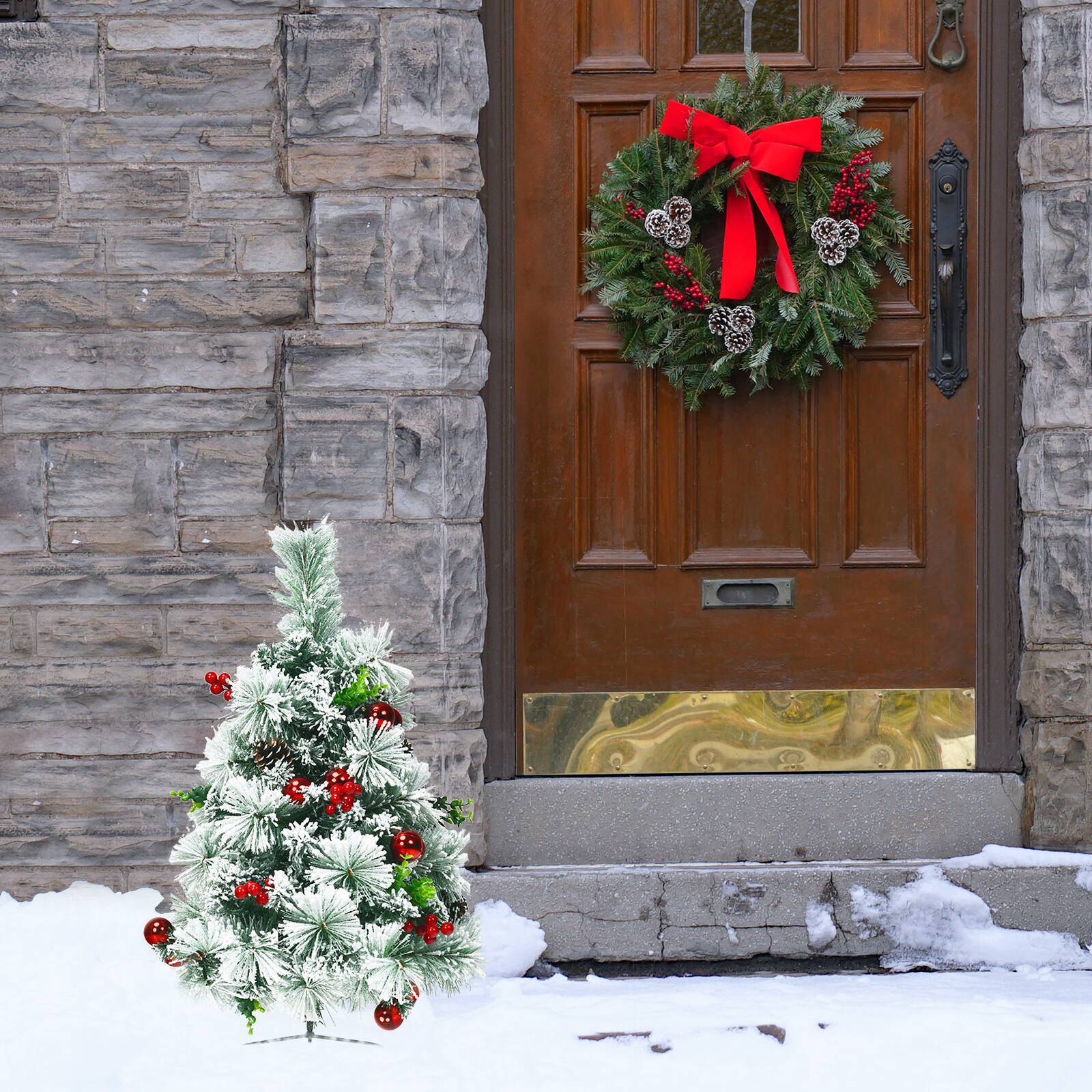 Alt View 3. Costway - Costway Set of 2 29 in Battery Powered Pre-lit Pathway Flocked Christmas Trees Outdoor - Green,White,Red.