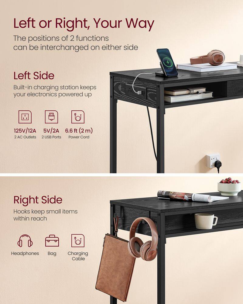 Left or Right, Your Way
The positions of 2 functions can be interchanged on either side

Left Side
Built-in charging station keeps your electronics powered up
125V/12A
5V/2A
6.6 ft (2m)
(2 AC Outlets 2 USB Ports Power Cord

Right Side
Hooks keep small items within reach
Headphones
Bag
Charging Cable