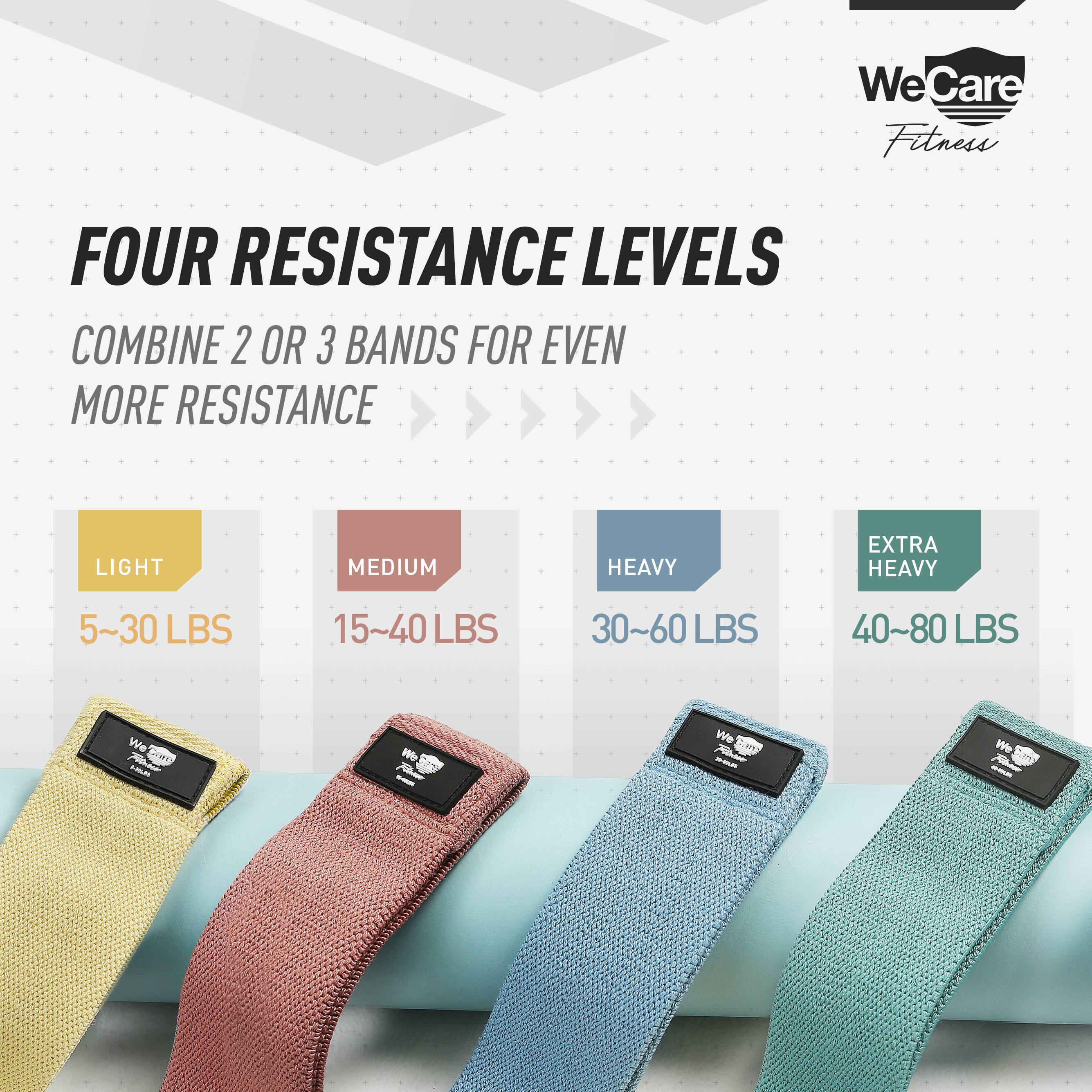 WeCare Fitness

FOUR RESISTANCE LEVELS

COMBINE 2 OR 3 BANDS FOR EVEN MORE RESISTANCE

LIGHT  
5~30 LBS

MEDIUM  
15~40 LBS

HEAVY  
30~60 LBS

EXTRA HEAVY  
40~80 LBS