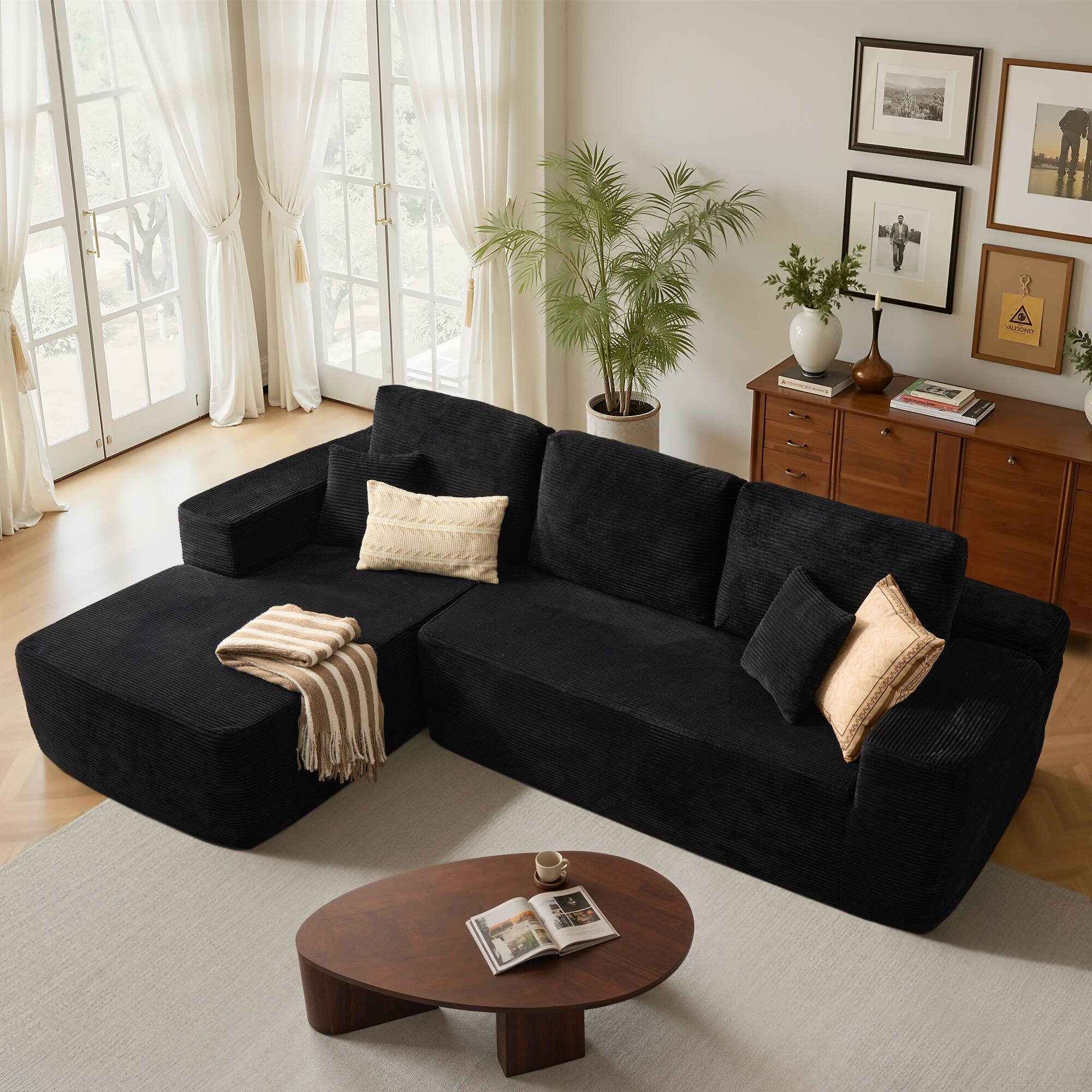 Front. Ovios - 104" Modular Sectional Sofa with Chaise, Modern L Shaped Couch for Living Room - Black(Corduroy, Left Facing).