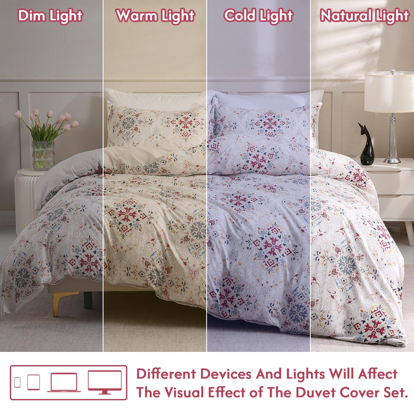 Dim Light  
Warm Light  
Cold Light  
Natural Light  

Different Devices And Lights Will Affect The Visual Effect of The Duvet Cover Set.