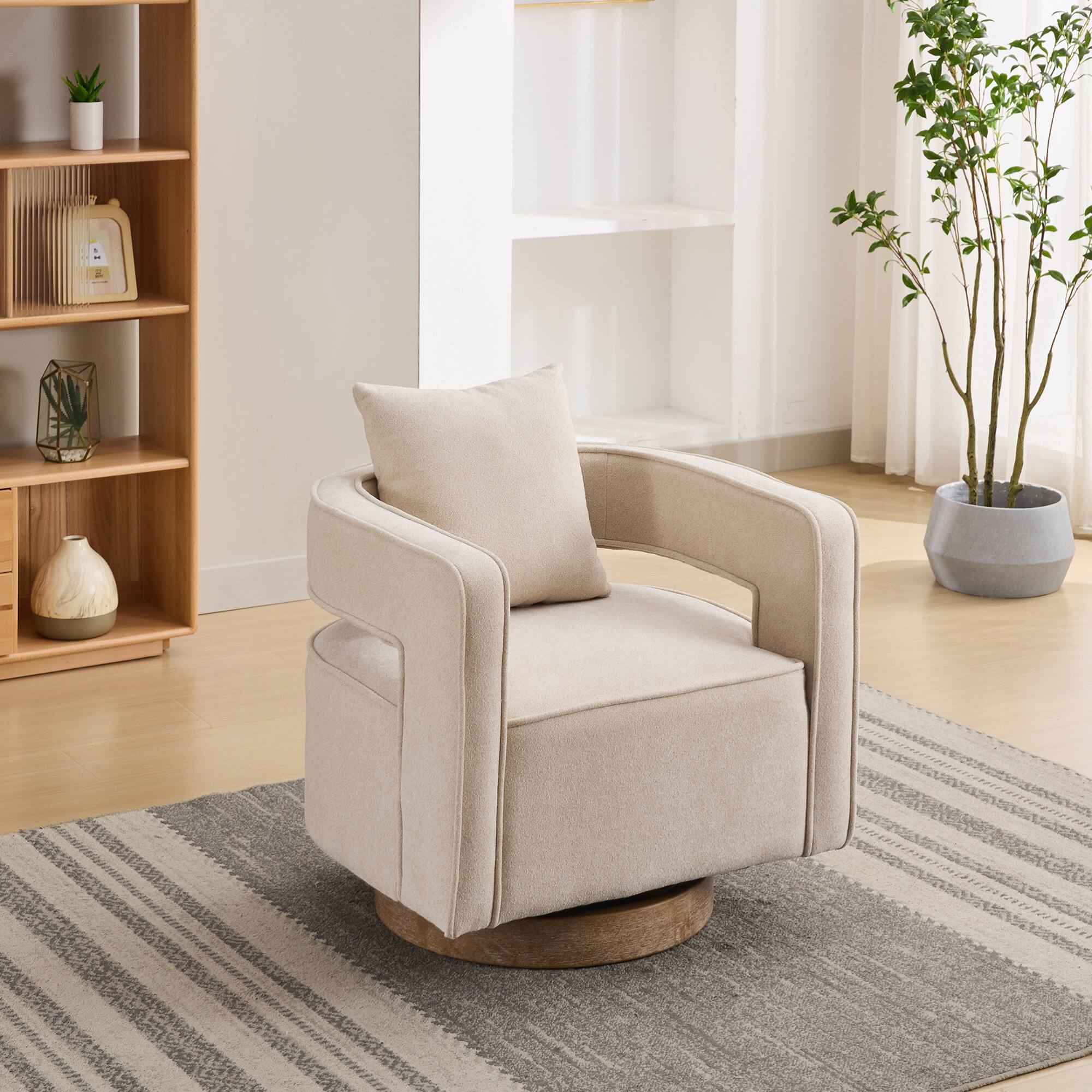 Left. GOODSILO - Modern Swivel Accent Barrel Chair with Weathered Base for Living Room, Bedroom, or Office - Beige.