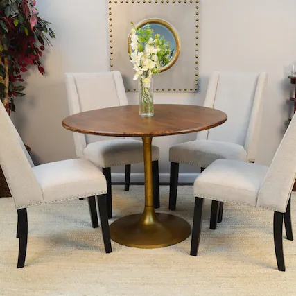 Front. Carolina Chair & Table - Alden Wood Top 40" Round Dining Table and 4 Laurant Upholstered Dining Chairs - Elm, Antique Gold.