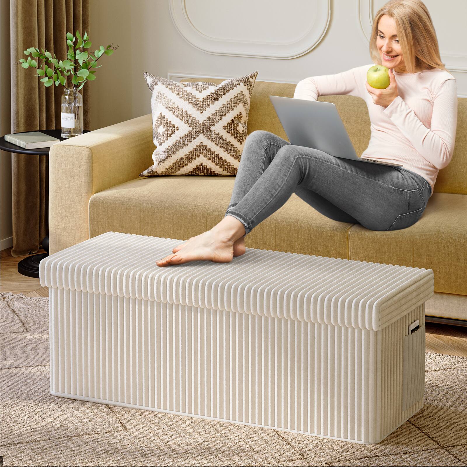 Left. Pinmoco - Pinmoco- Corduroy Ottoman Plush Foldable Bench with Free Cozy Blanket - Off-White.