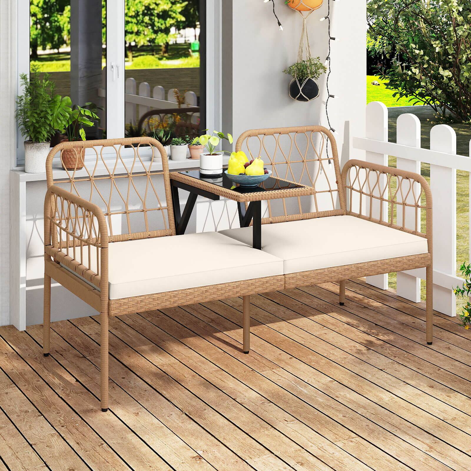 Alt View 1. Costway - Costway PE Rattan Outdoor Loveseat with Built-in Coffee Table & Soft Cushions for Lawn - Off White.