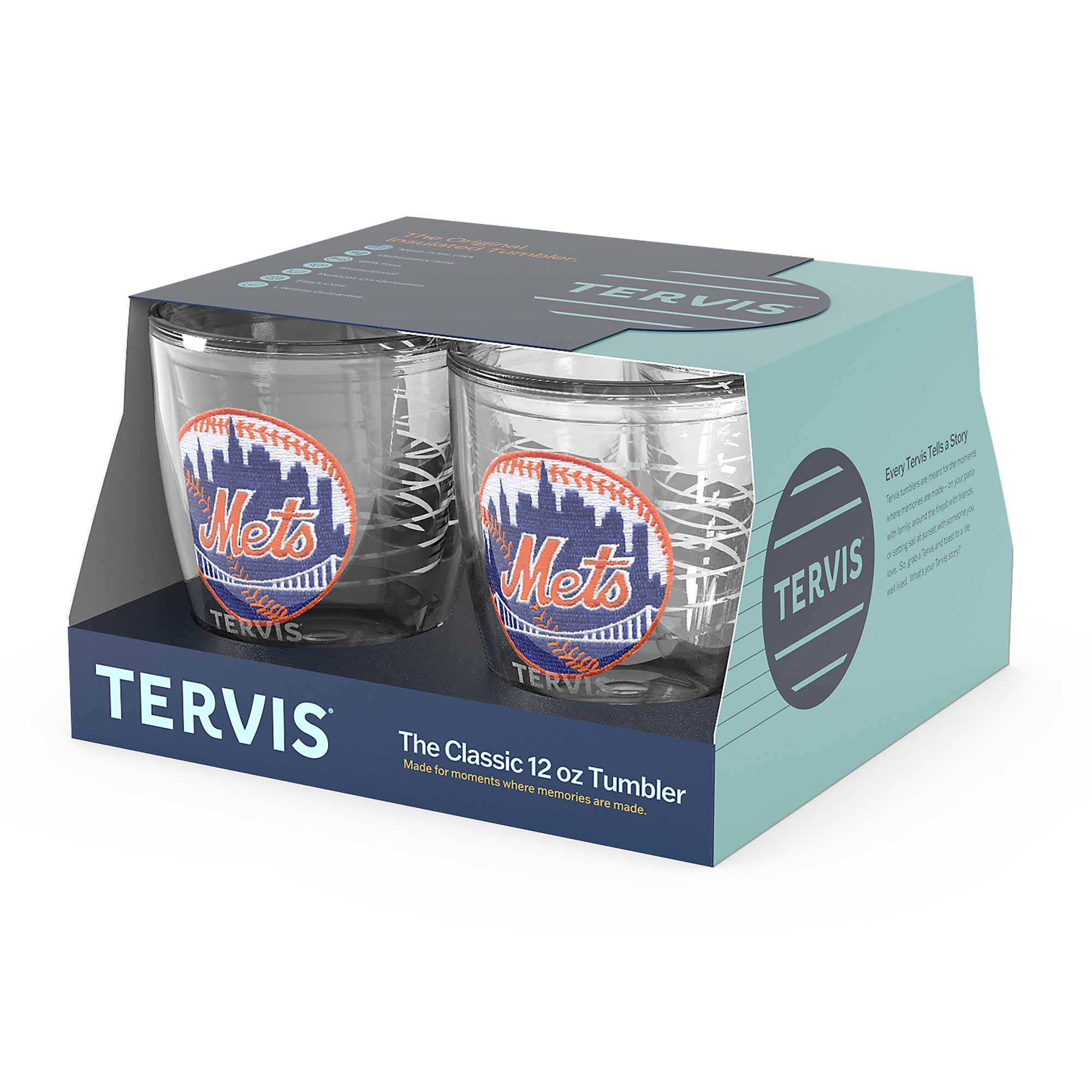 TERVIS  
The Classic 12 oz Tumbler  
Made for moments where memories are made.  

Mets  

Every Tervis Tumbler Story  
Every Tervis Tumbler is made with a 32-ounce capacity and is double-walled, vacuum-insulated stainless steel.  

TERVIS