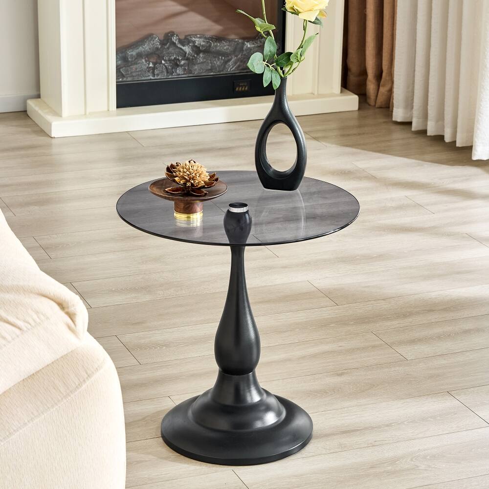 Back. Loheer - Loheer Small Metal Side Table Vintage Round Glass Top Matte Black End Table - Matte Black.
