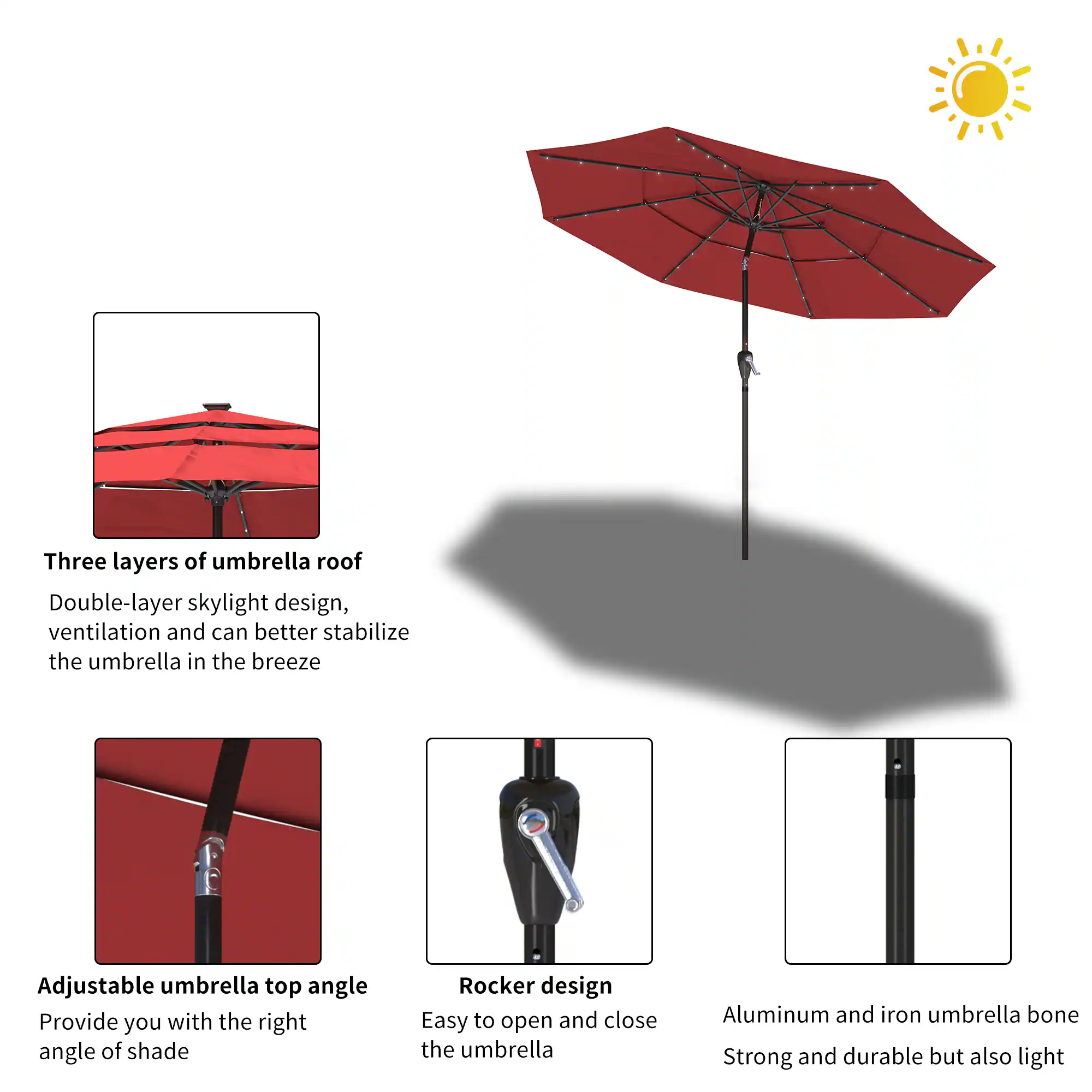 Three layers of umbrella roof  
Double-layer skylight design, ventilation and can better stabilize the umbrella in the breeze  

Adjustable umbrella top angle  
Provide you with the right angle of shade  

Rocker design  
Easy to open and close the umbrella  

Aluminum and iron umbrella bone  
Strong and durable but also light