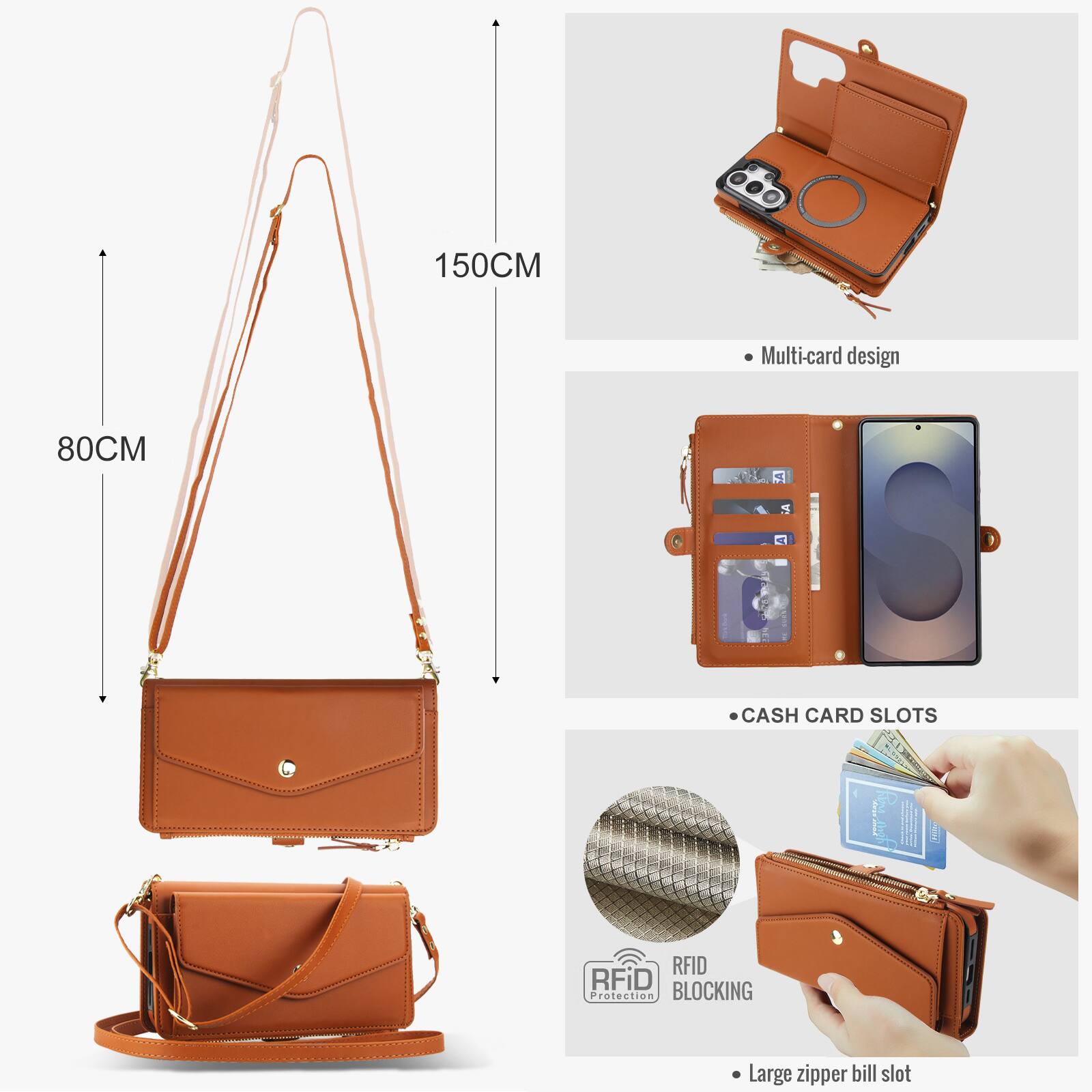 150CM  
80CM  

Multi-card design  

CASH CARD SLOTS  

RFID Protection BLOCKING  

Large zipper bill slot