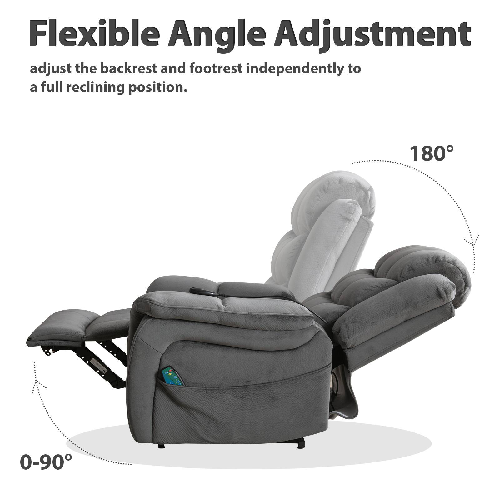 Flexible Angle Adjustment allows the backrest and footrest to be adjusted independently to a full reclining position. The image shows a chair with a 180-degree recline, which can be achieved with this feature.