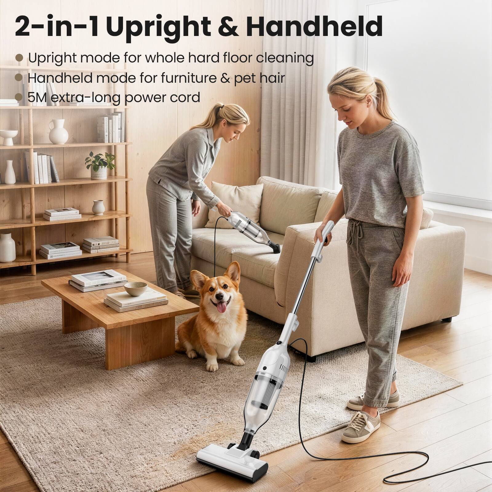 2-in-1 Upright & Handheld

- Upright mode for whole hard floor cleaning
- Handheld mode for furniture & pet hair
- 5M extra-long power cord