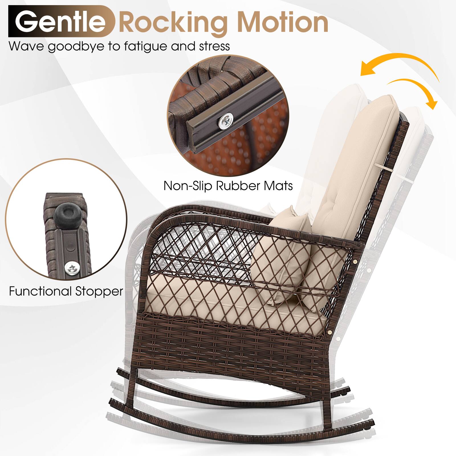 Gentle Rocking Motion  
Wave goodbye to fatigue and stress  

Non-Slip Rubber Mats  

Functional Stopper