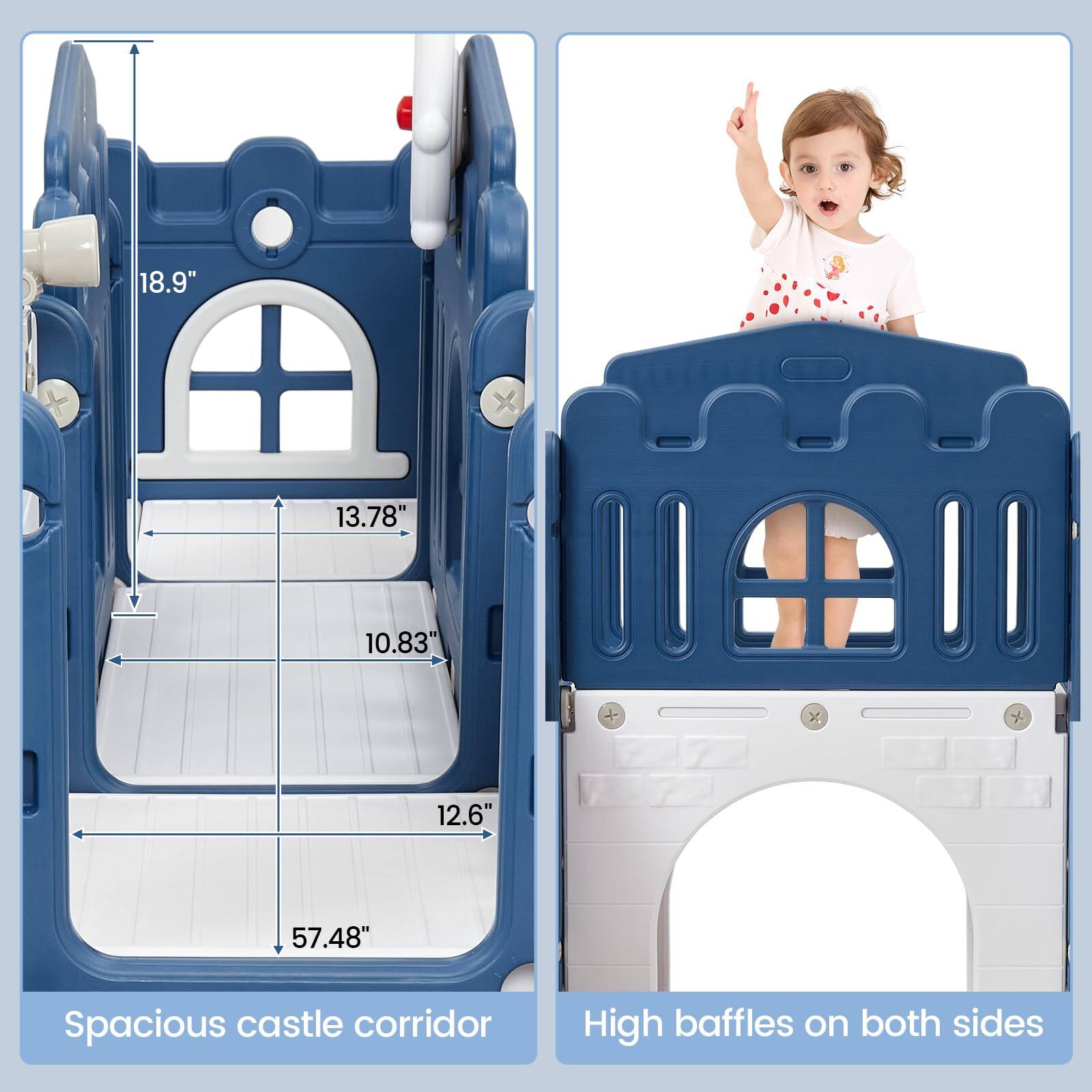 18.9" X 13.78" X 10.83" X 12.6" 57.48" Spacious castle corridor  
High baffles on both sides