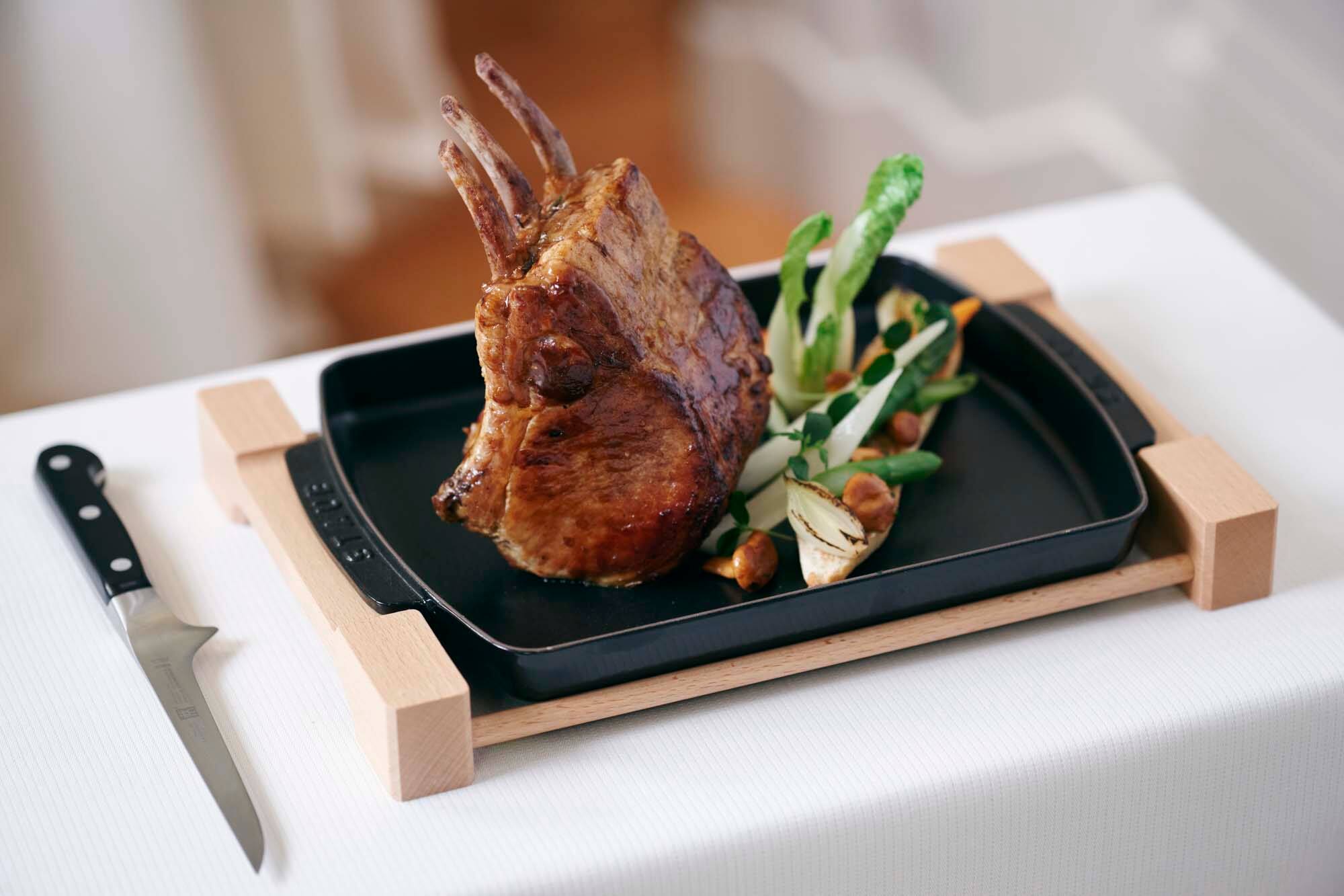 Alt View 2. Staub - Staub Cast Iron 13 x 9-inch Rectangular Serving Dish with Wood Base - Matte Black - Matte Black.