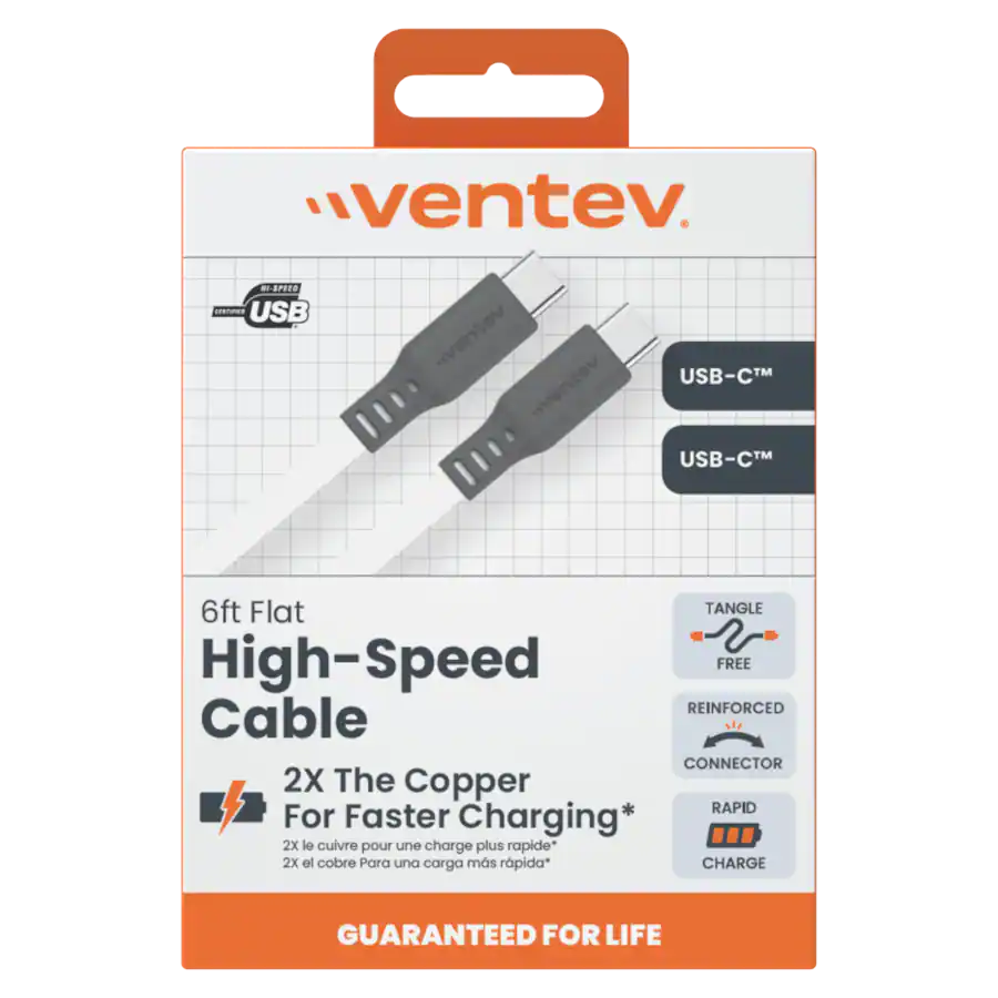 Foot Tangle Ventev Flat USB C to USB C High Speed Tangle Free Cable 6ft White ...