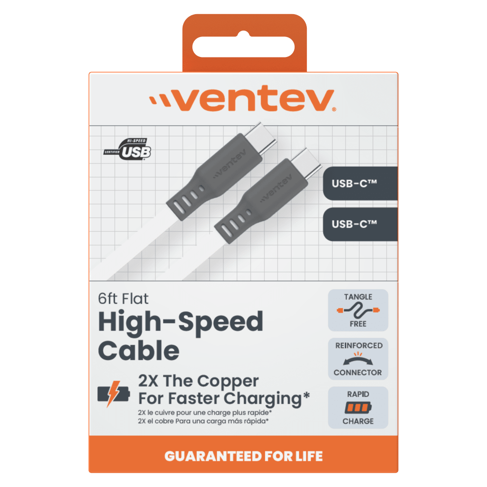 Ventev Flat USB C to USB C High Speed Tangle Free Cable 6ft White ...