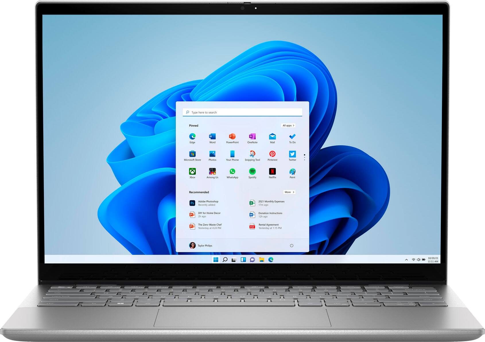 Type here - search  
Pinned  
All apps  
Edge  
Word  
PowerPoint  
OneNote  
Mail  
To Do  
Microsoft Store  
Photos  
Your Phone  
Snipping Tool  
Pinterest  
Twitter  
Xbox  
Among Us  
WhatsApp  
Spotify  
Netflix  
Paint  
Recommended  
Adobe Photoshop  
2021 Monthly Expenses  
DIY for Home Decor  
The Zero-Waste Chef  
Donation Instructions  
Rental Agreement  
Taylor Phillips  
10/20/21  
1:01 AM