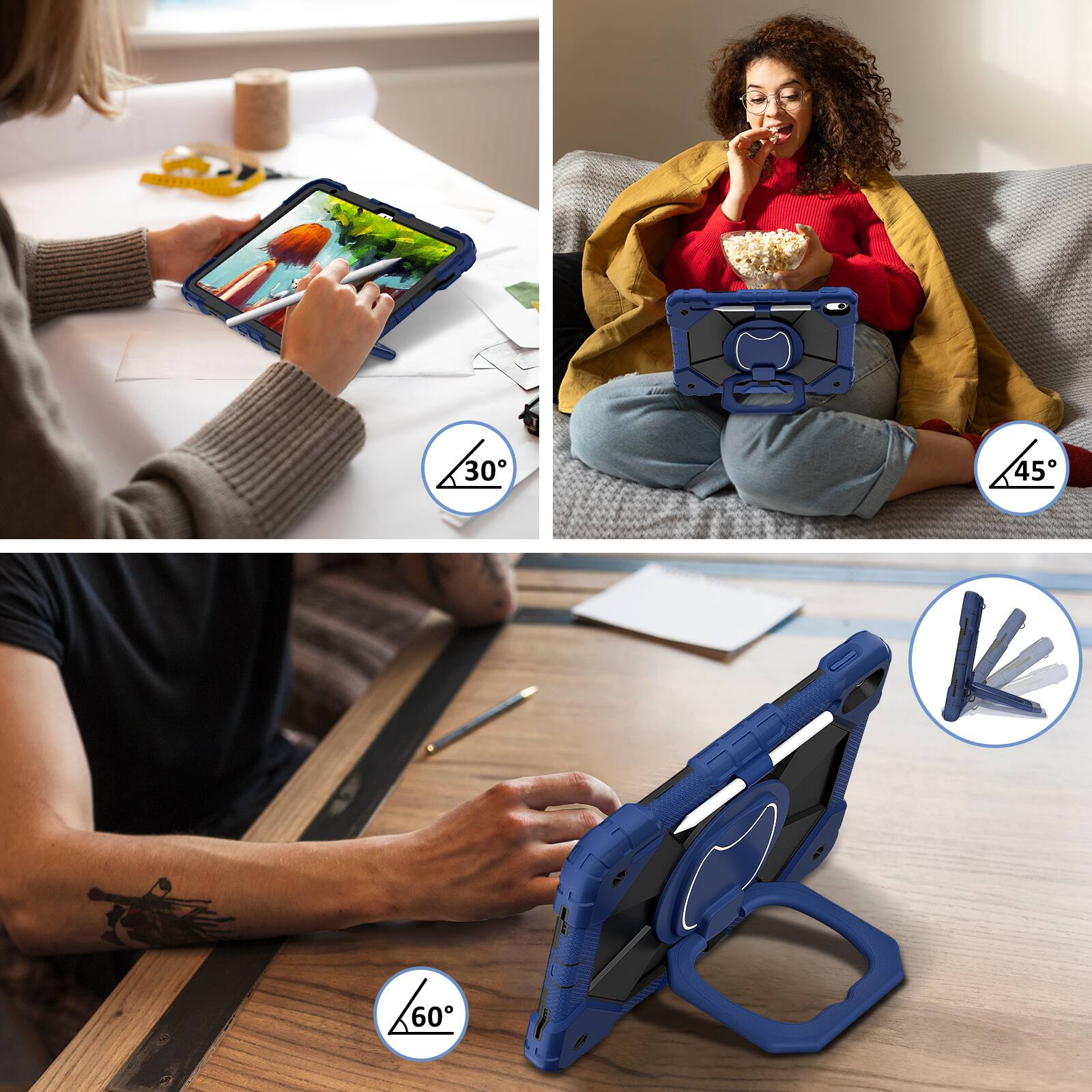 Back. Dteck - Case for Apple iPad mini (A17 Pro) 2024 and iPad mini 6th 2021, 3-Layer Rugged Kickstand Handle Grip Cover+Strap - Navyblue Black.