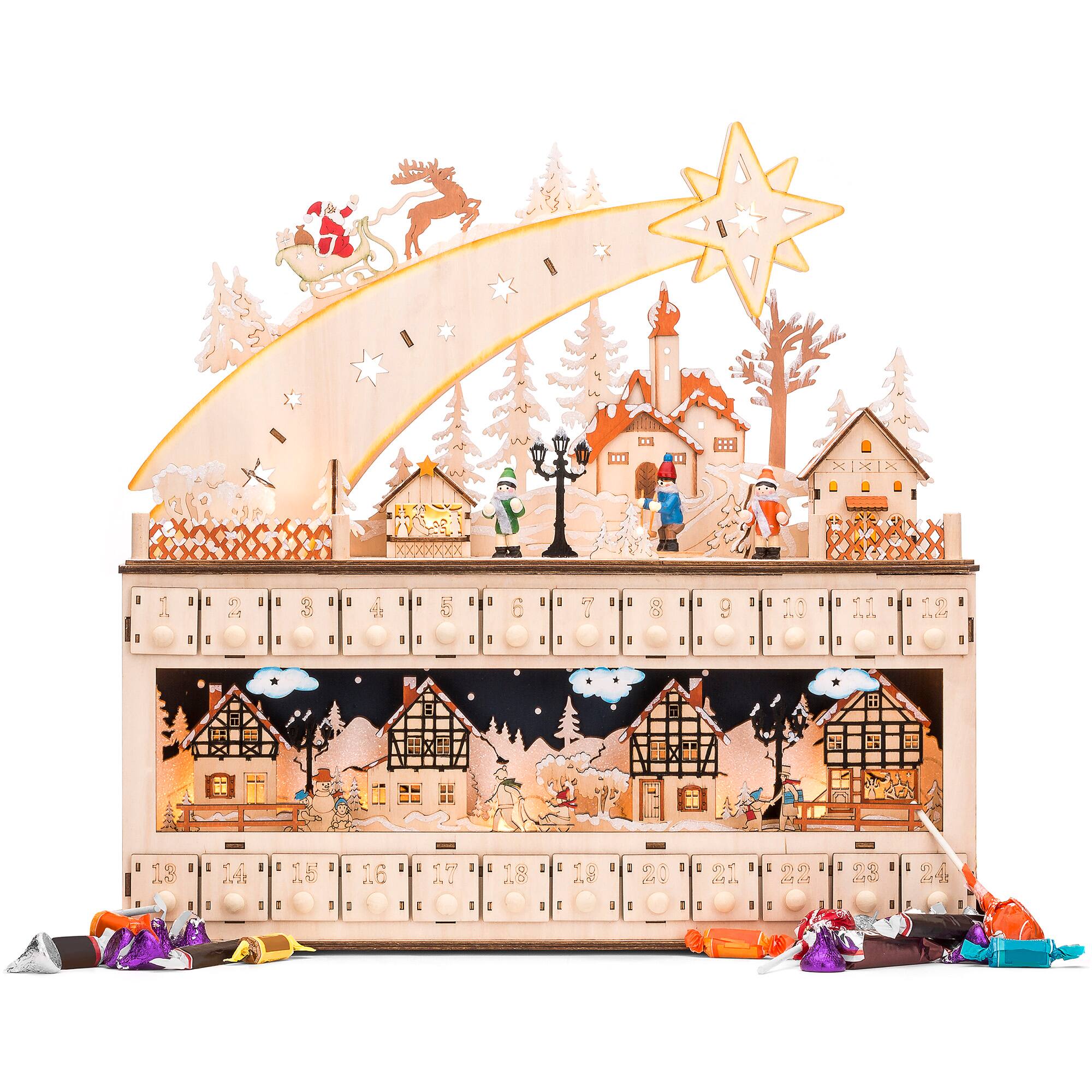 Best Choice Products - Wooden Christmas Advent Calendar, Shooting Star w/ Battery-Operated LED Light Background - Beige