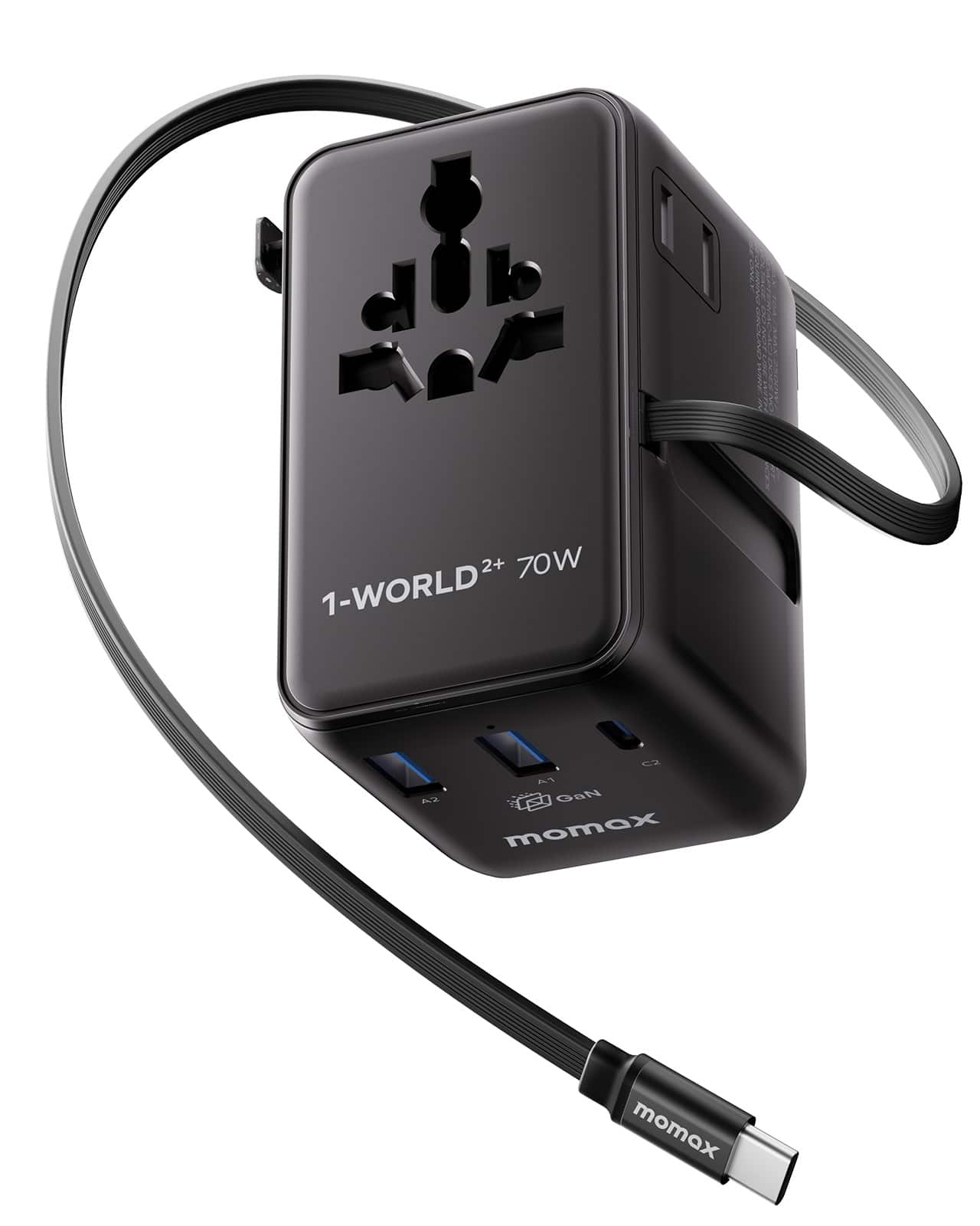 Momax - 70W Universal Travel Adapter, 6-in-1 International Power Adapter with USB-C Retractable Cable, Dual-AC Plug - Black