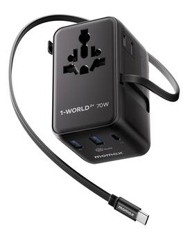Momax - 70W Universal Travel Adapter, 6-in-1 International Power Adapter with USB-C Retractable Cable, Dual-AC Plug - Black