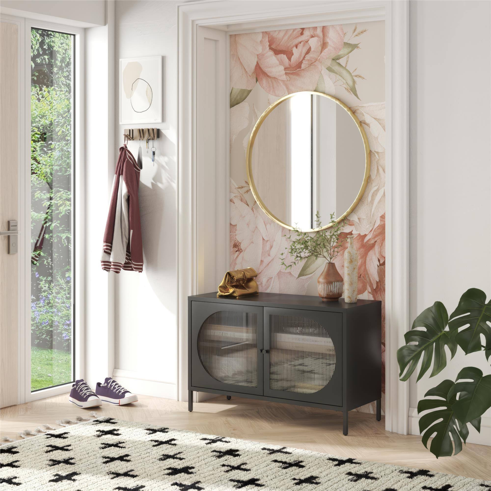 Angle. Aukfa - Wide 2-Door Accent Cabinet - Fluted Glass Doors, Metal Frame, 39.4"W x 25.2"H, 2 Shelves (1 Adjustable) - Black.