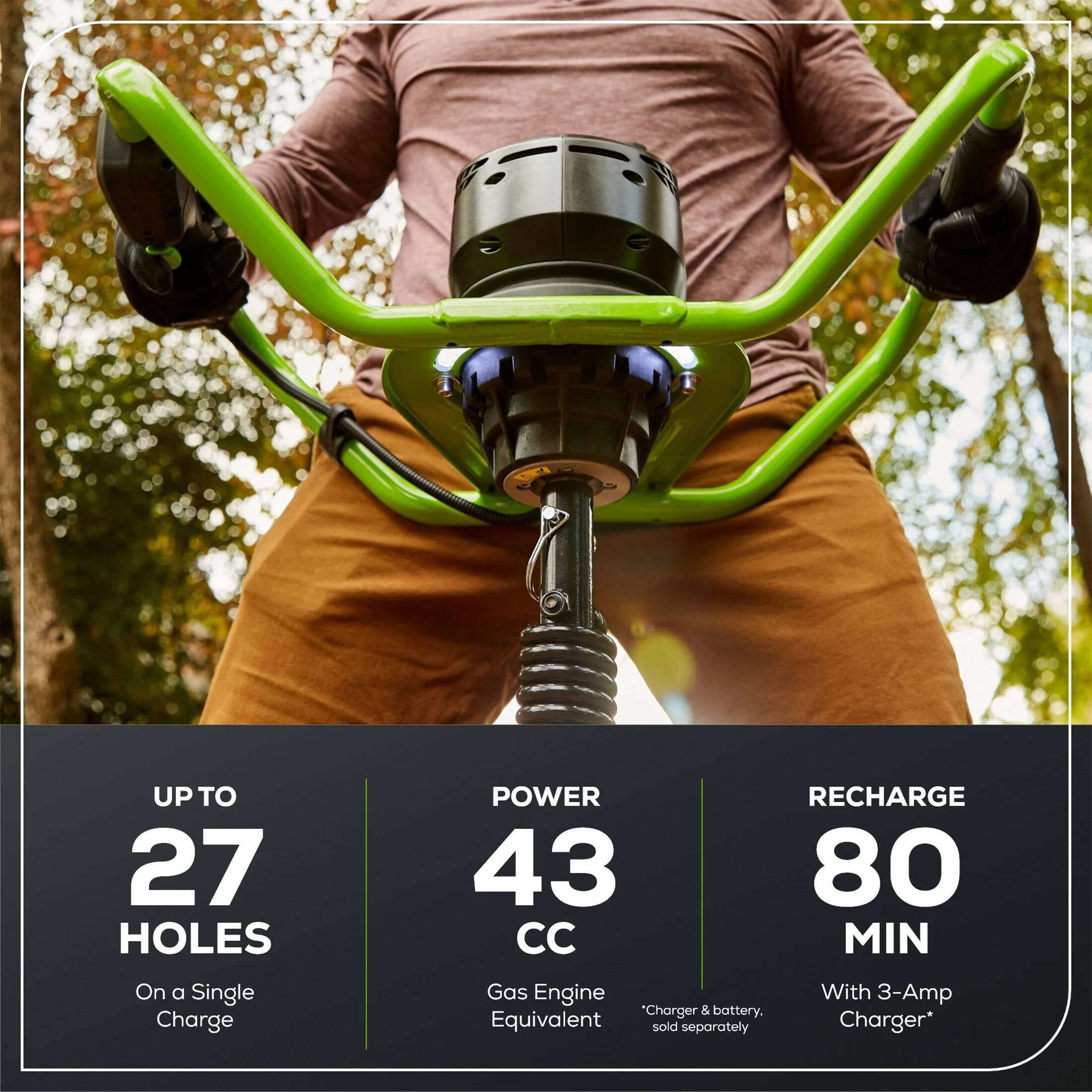 UP TO 27 HOLES  
On a Single Charge  

POWER  
4.3 CC  
Gas Engine Equivalent  

RECHARGE  
80 MIN  
With 3-Amp Charger*  

*Charger & battery sold separately