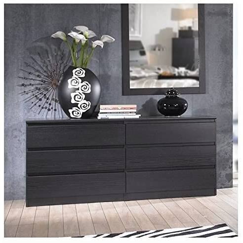 Angle. SlickBlue - Black Woodgrain Modern Double Dresser with 6 Storage Drawers - Black.