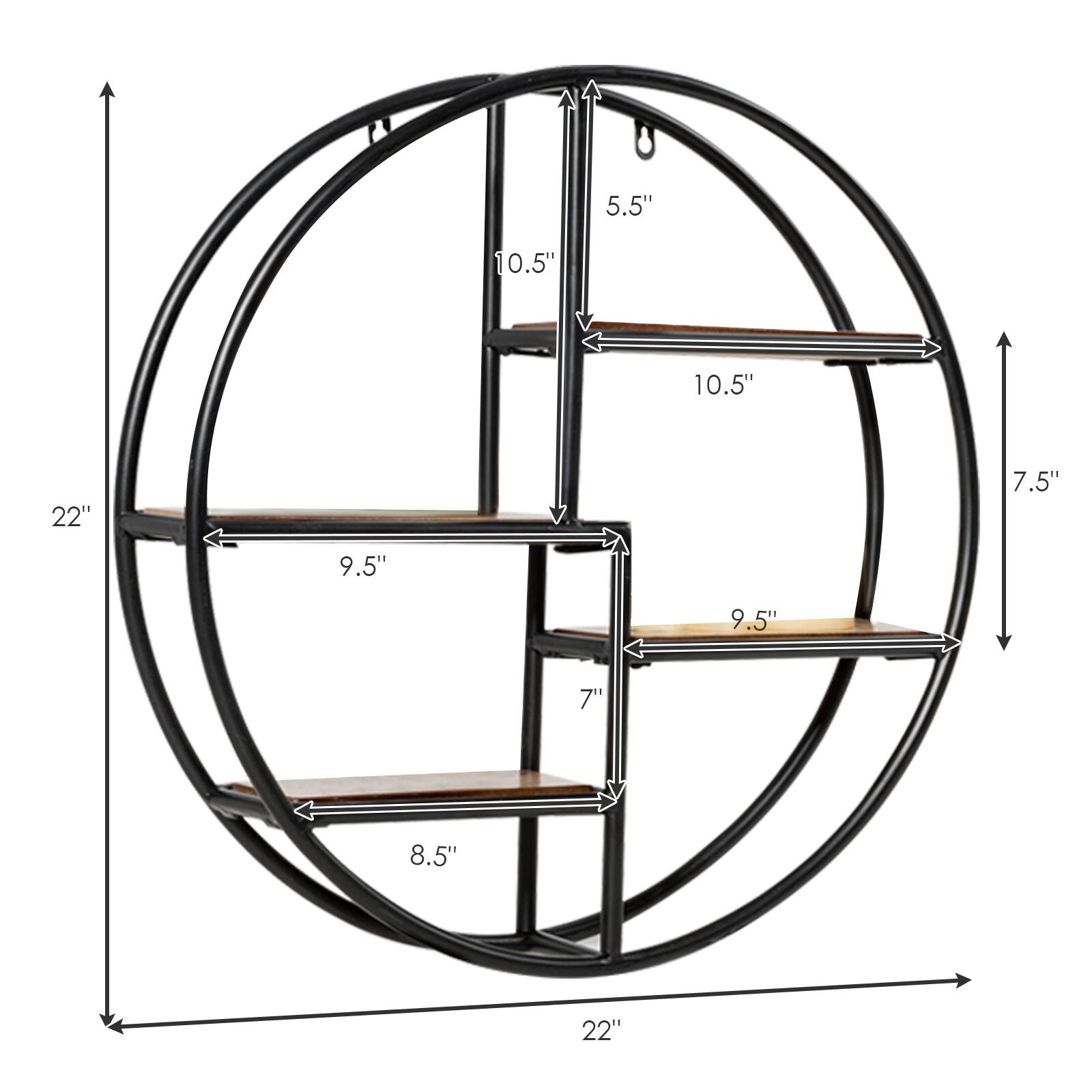 The text on the image reads: 5.5" 10.5" 10.5" 22" 7.5" 9.5" 9.5" 7" 8.5" 22". This is a measurement of the diameter of the circular shelf, which is 22 inches. The shelf is made of metal and has a wooden top.