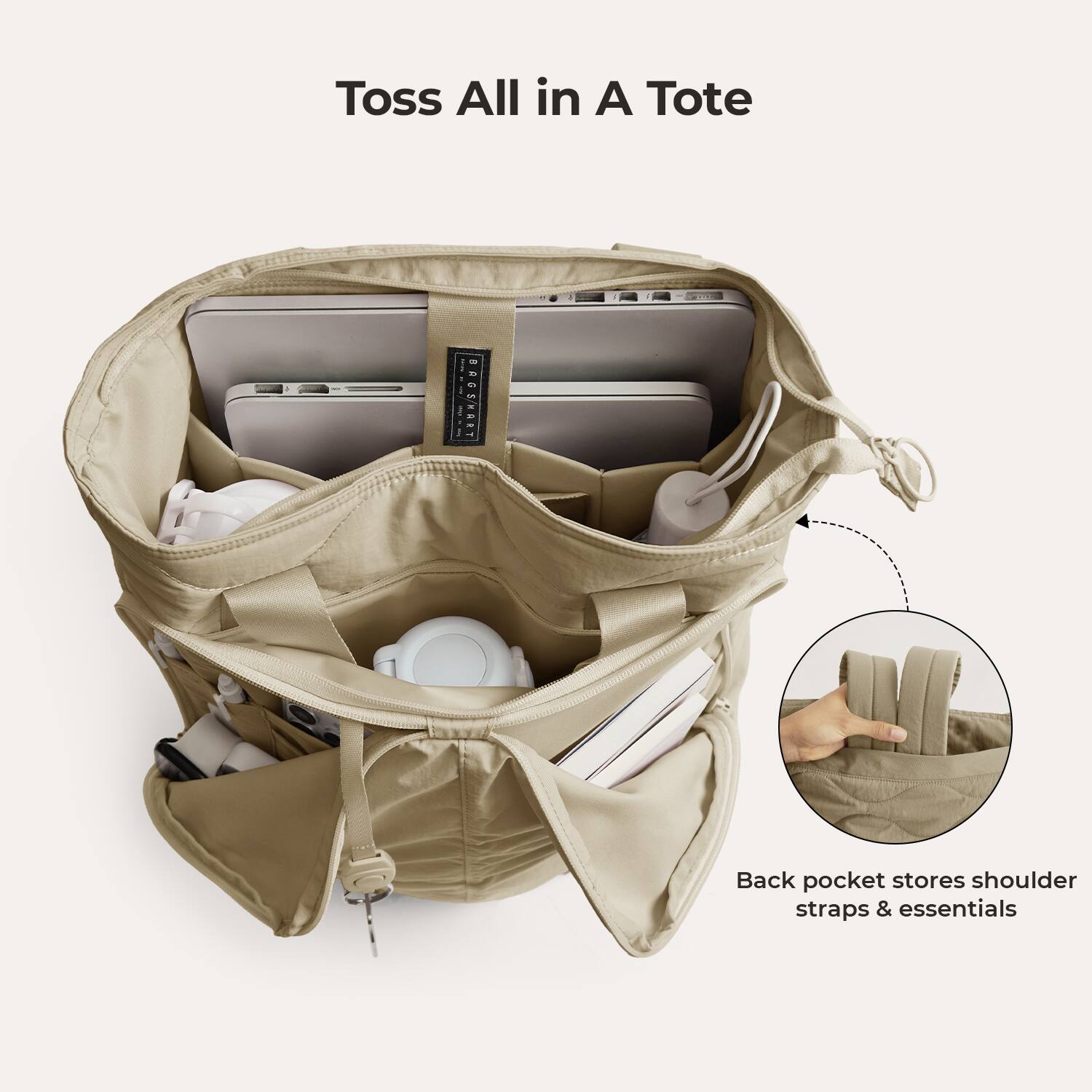 Toss All in A Tote

1-82-1 BASHART

Back pocket stores shoulder straps & essentials