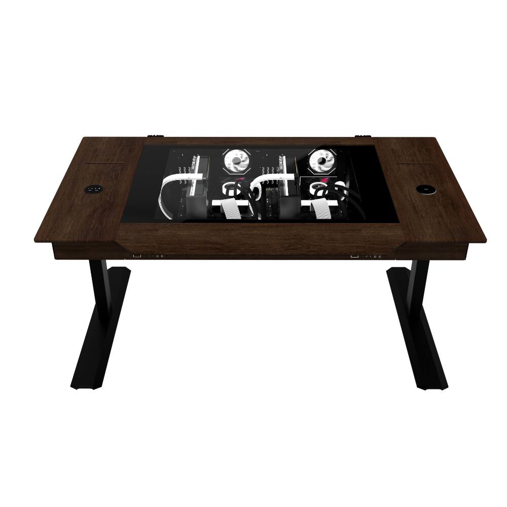 Angle. Lian Li - DK-07 Wood Motorized Standing Desk | Dual E-ATX Ready, Real Wood Top, Built-in Wireless Charging, Height Adjustable - Black.
