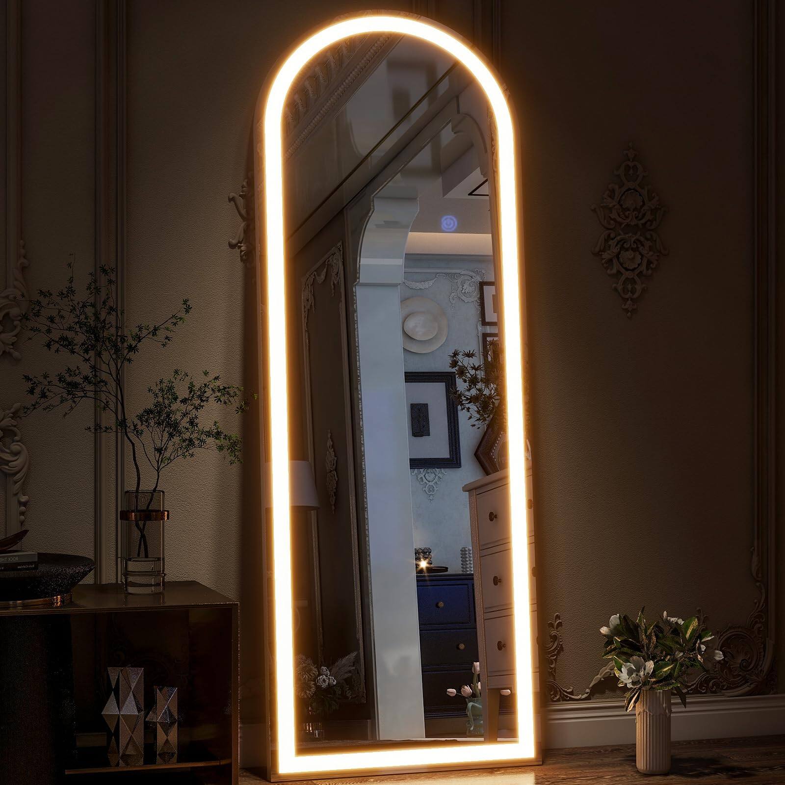 Alt View 2. Hanke - Arched Led Full Length Mirror Arch Floor Body Standing With Lights Dimming Wall Mounted Hanging Bedroom - Arched 64"L x 21"W.