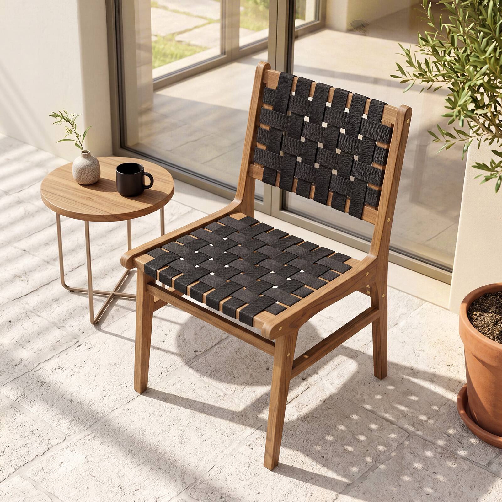 Alt View 6. Gymax - Gymax 2PCS Solid Teak Hand-Woven Strap Outdoor Dining Chairs w/Flex Support for Garden - Yellow.