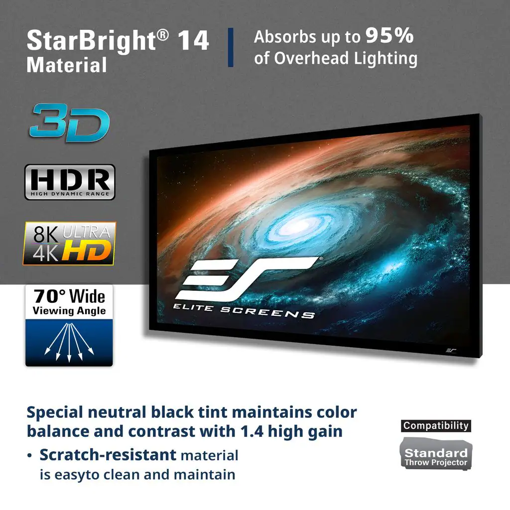 StarBright® 14 Material  
Absorbs up to 95% of Overhead Lighting  

3D  
HDR High Dynamic Range  
8K Ultra 4K HD  
70° Wide Viewing Angle  

Special neutral black tint maintains color balance and contrast with 1.4 high gain  
Scratch-resistant material is easy to clean and maintain  

Compatibility: Standard Throw Projector