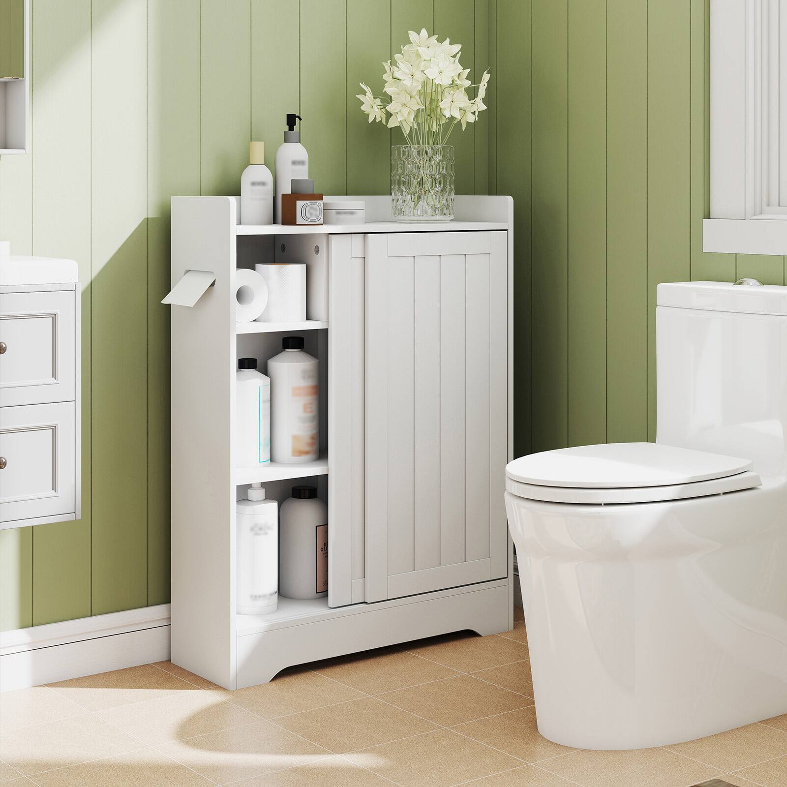 Alt View 4. Gymax - Gymax Bathroom Floor Cabinet w/2 Sliding Doors & Adjustable Shelves for Small Spaces - White.
