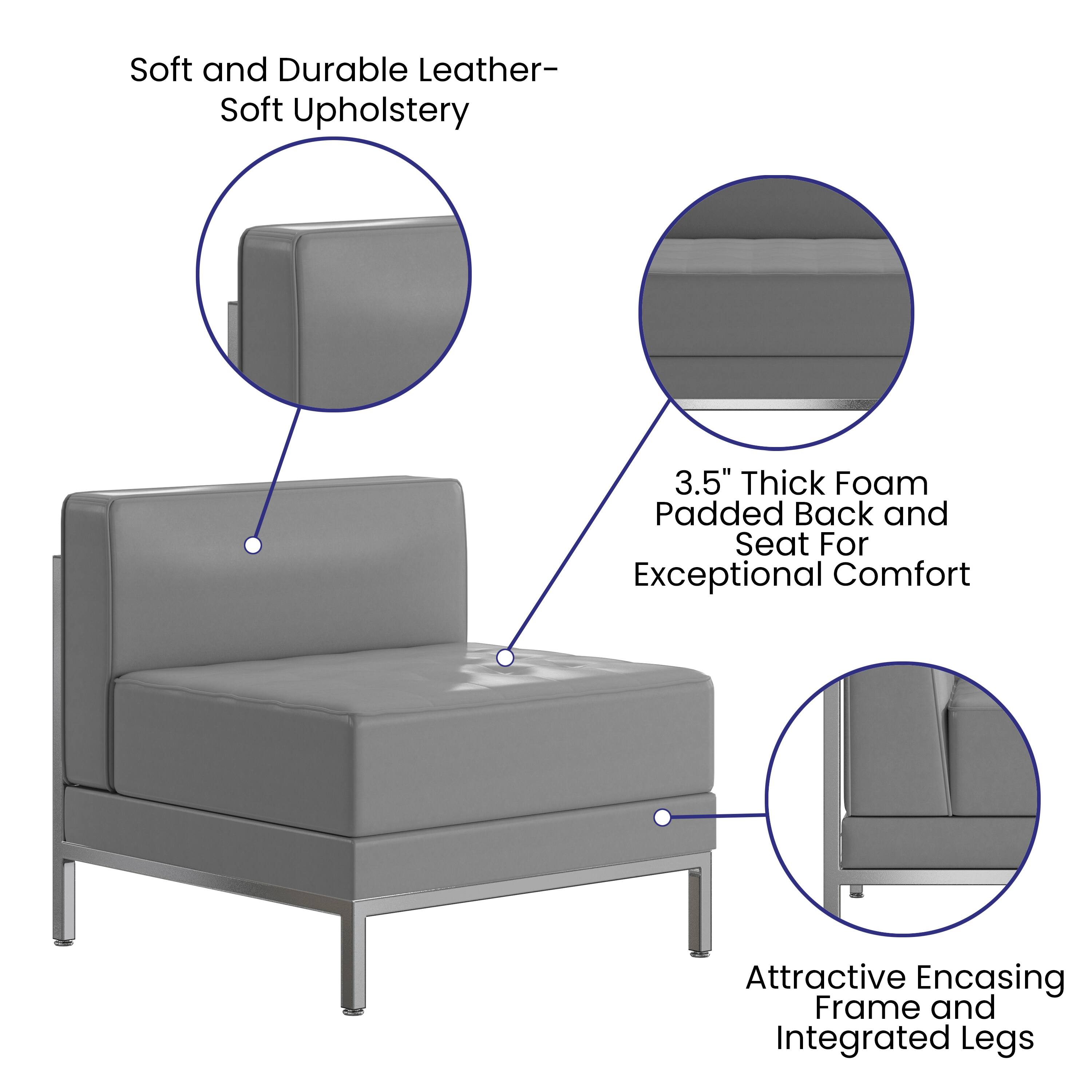 Soft and Durable Leather- Soft Upholstery  
3.5" Thick Foam Padded Back and Seat For Exceptional Comfort  
Attractive Encasing Frame and Integrated Legs