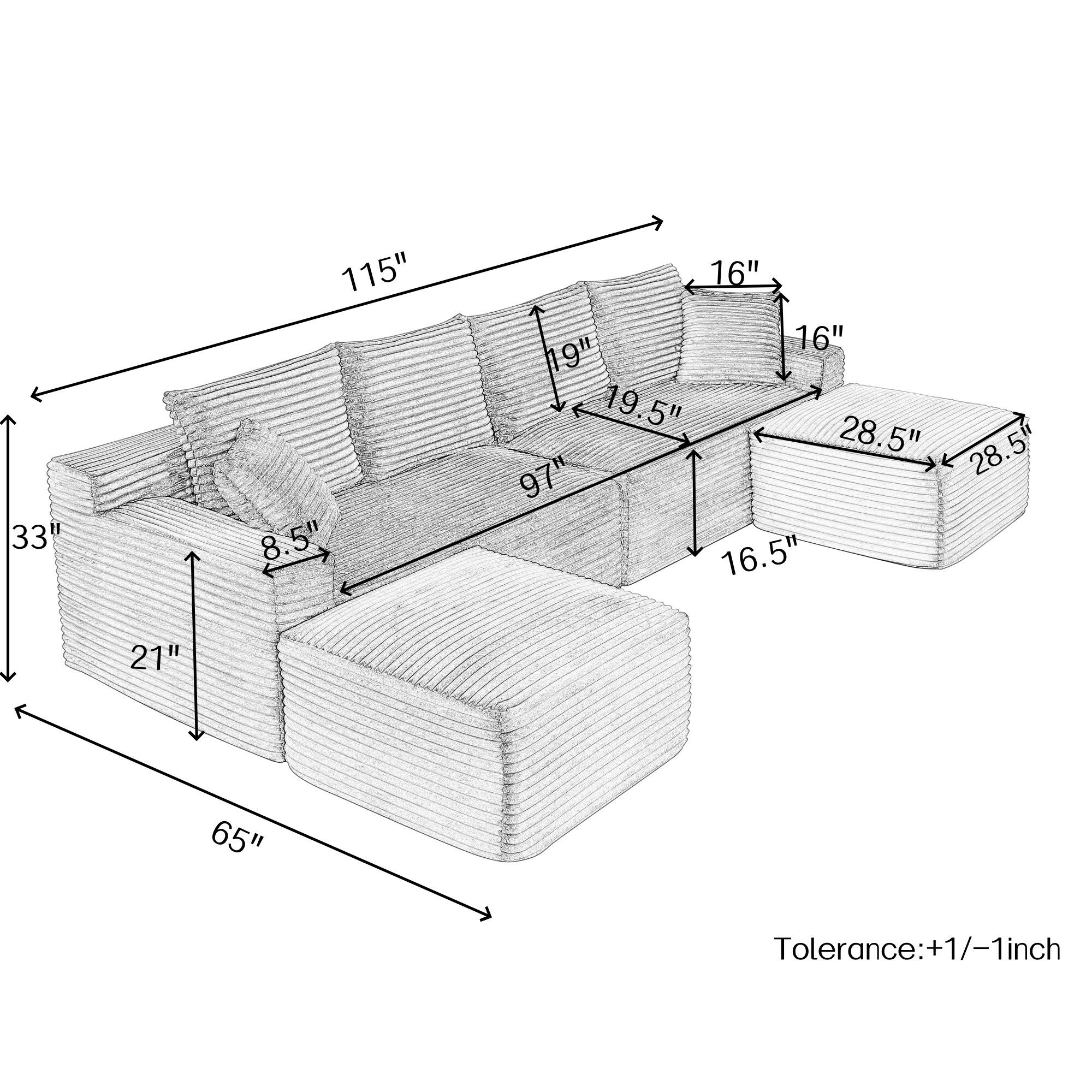 33" 115" 8.5" 16" 16" 9" 19.5" 28.5" 28.5" 97" 16.5" 21" 65"  
Tolerance: +1/-1 inch