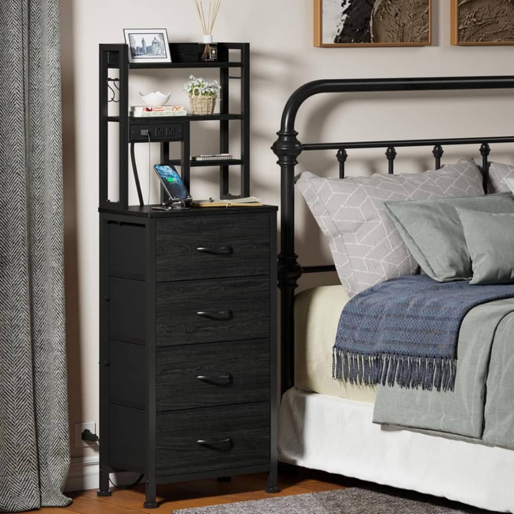 Furnulem - Tall Bedside Table with USB Charging Station and Light Fabric Drawer Nightstand Bookshelf for Small Space Bedroom Dorm - Black