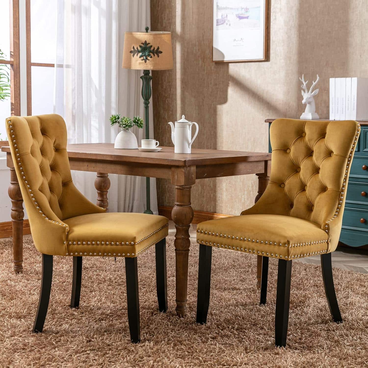 Trinkets Crazed - Velvet Dining Chairs Set of 2, Upholstered High-end Tufted Dining Room Chair with Wood Legs Nailhead Trim for Kitchen - Gold