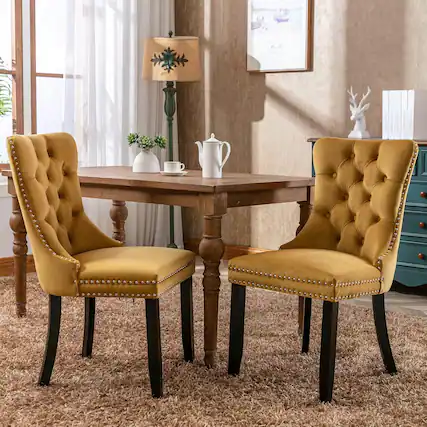 Front. Trinkets Crazed - Velvet Dining Chairs Set of 2, Upholstered High-end Tufted Dining Room Chair with Wood Legs Nailhead Trim for Kitchen - gold.