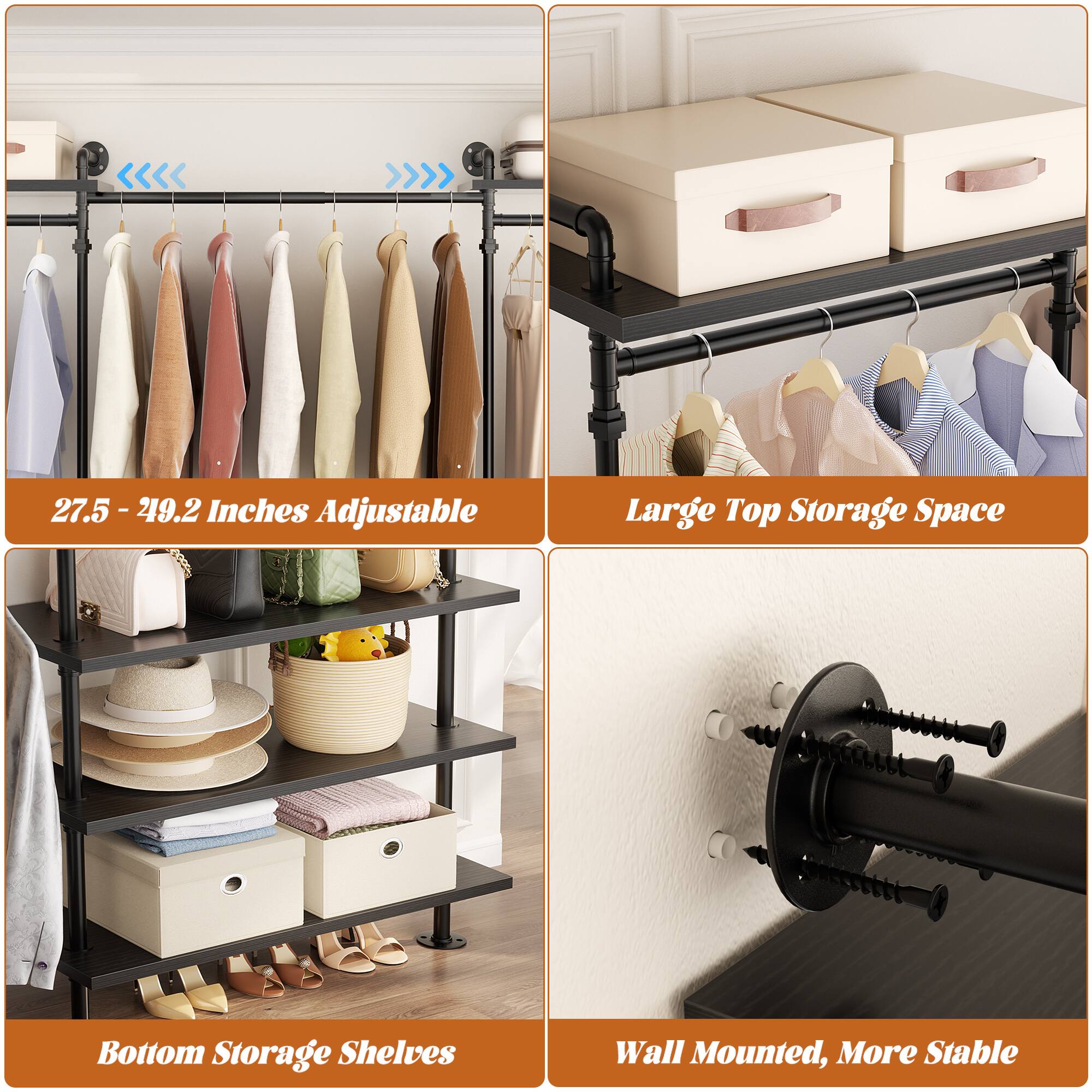 27.5 - 49.2 Inches Adjustable  
Large Top Storage Space  
Bottom Storage Shelves  
Wall Mounted, More Stable