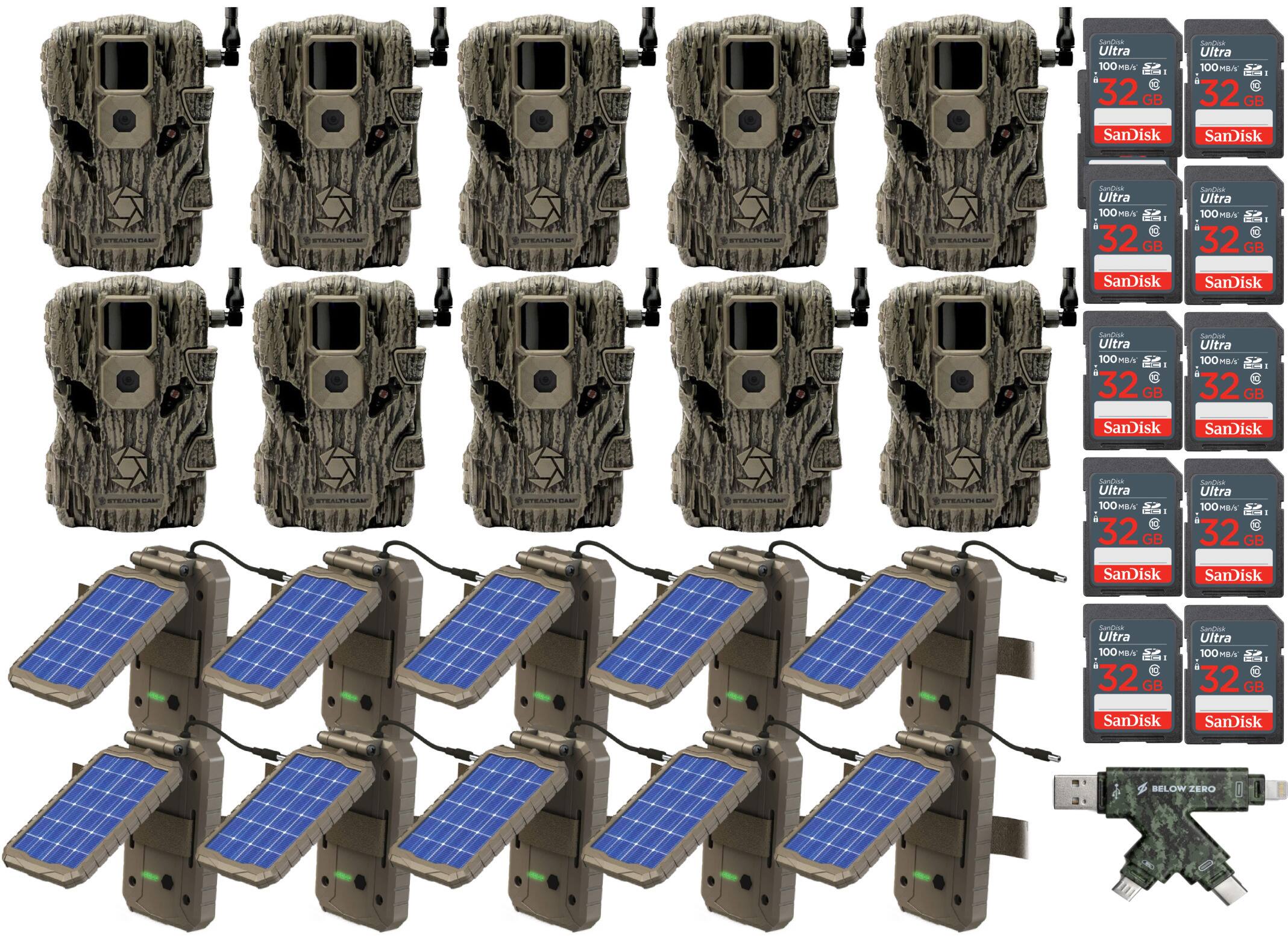 Sure, here is the corrected and grouped text:

**Cameras:**
- Stealth Cam
- Stealth Cam
- Stealth Cam
- Stealth Cam
- Stealth Cam
- Stealth Cam
- Stealth Cam
- Stealth Cam
- Stealth Cam
- Stealth Cam

**Memory Cards:**
- SanDisk Ultra 100 MB/s 32 GB
- SanDisk Ultra 100 MB/s 32 GB
- SanDisk Ultra 100 MB/s 32 GB
- SanDisk Ultra 100 MB/s 32 GB
- SanDisk Ultra 100 MB/s 32 GB
- SanDisk Ultra 100 MB/s 32 GB
- SanDisk Ultra 100 MB/s 32 GB
- SanDisk Ultra 100 MB/s 32 GB

**Solar Panels:**
- Stealth Cam
- Stealth Cam
- Stealth Cam
- Stealth Cam
- Stealth Cam
- Stealth Cam
- Stealth Cam
- Stealth Cam

**USB Drive:**
- Below Zero