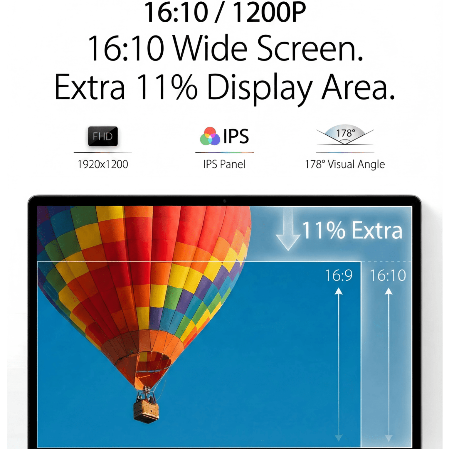 16:10 / 1200P  
16:10 Wide Screen.  
Extra 11% Display Area.  

FHD  
1920x1200  

IPS Panel  
178° Visual Angle  

11% Extra  

16:9  
16:10