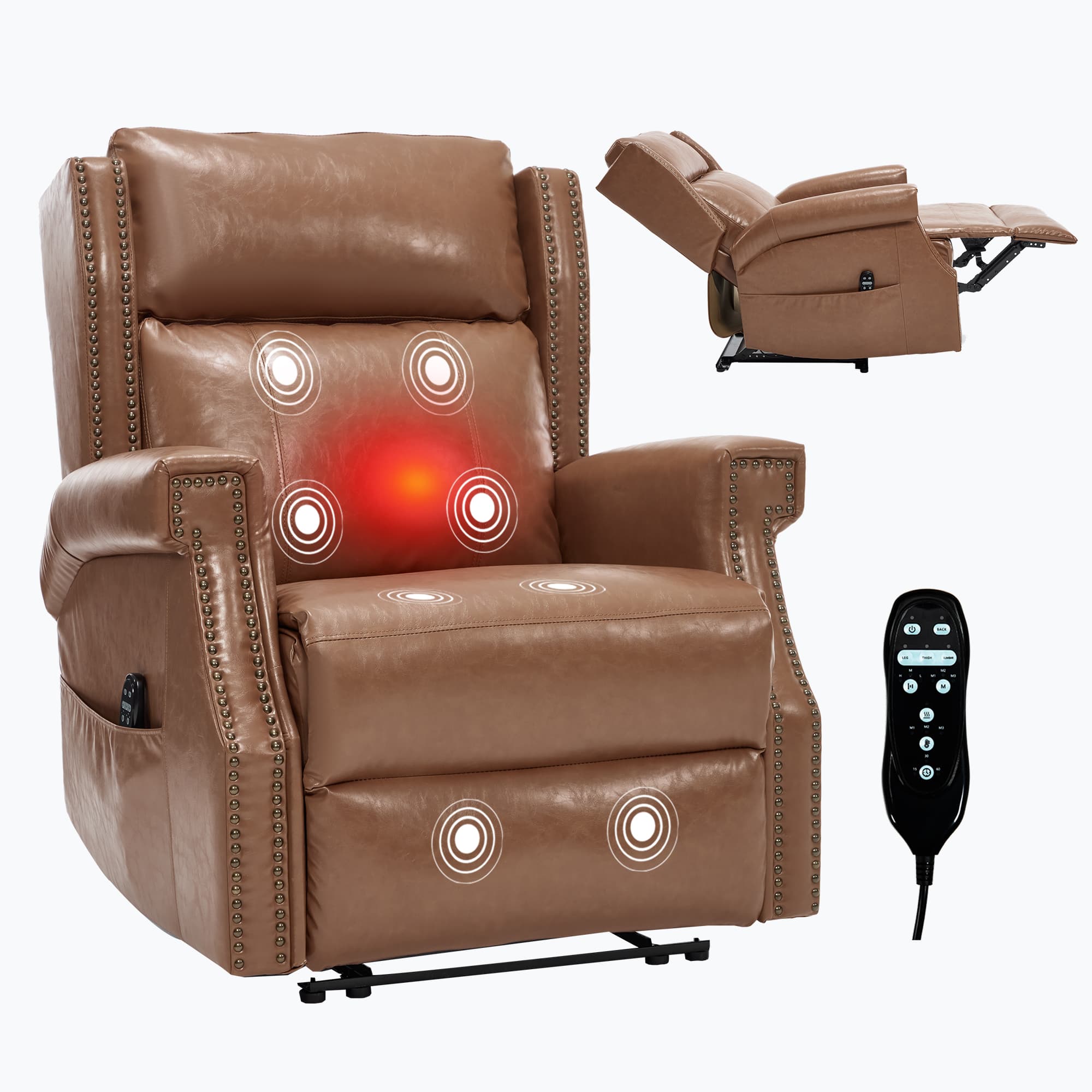 Lycvki- Manual Faux Leather Recliner Chair with 8 Vibrating Nodes 3 Massage Modes Heavy Duty for Living Room- Camel