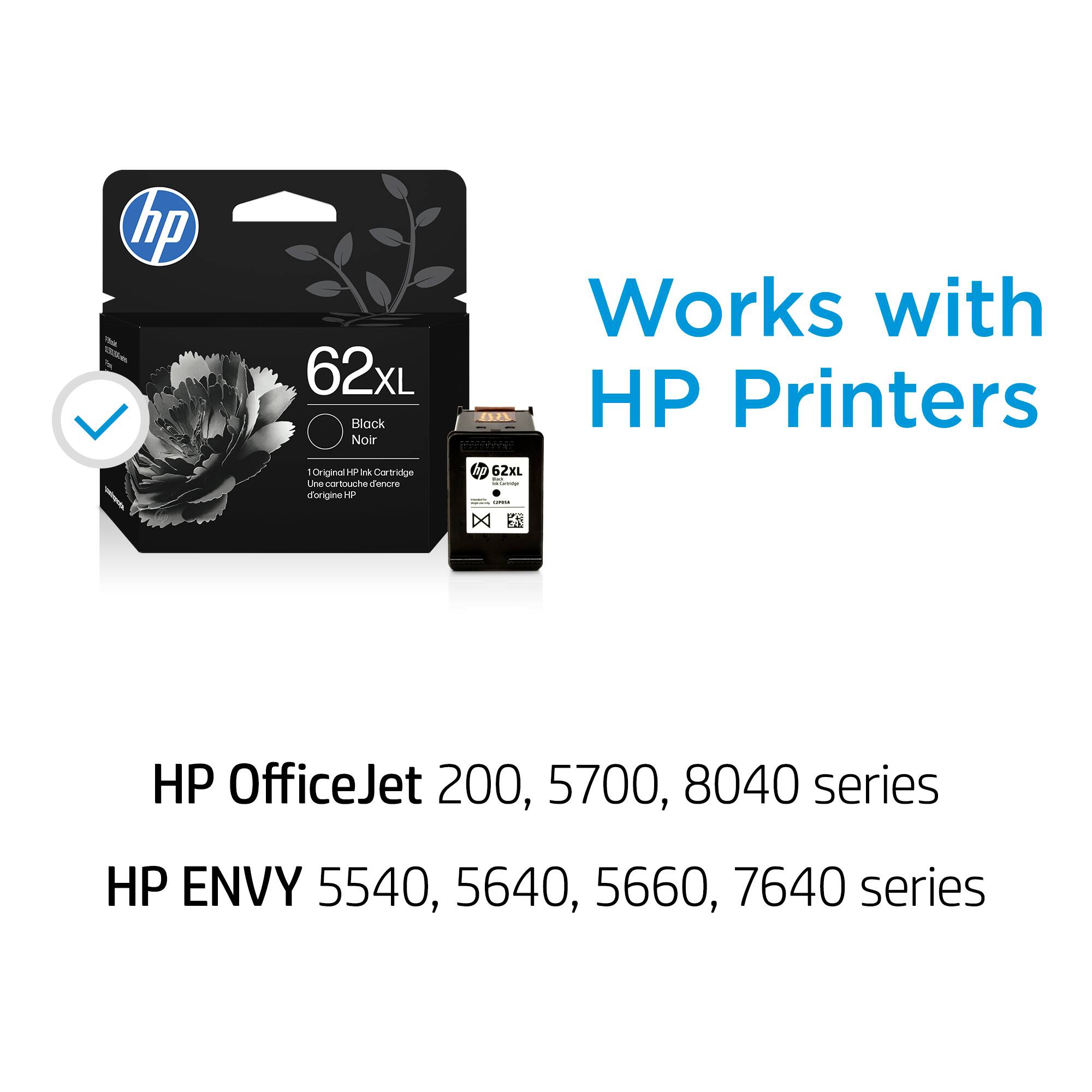 hp 62XL Black Noir - Original HP Ink Cartridge  
Works with HP Printers  
HP OfficeJet 200, 5700, 8040 series  
HP ENVY 5540, 5640, 5660, 7640 series