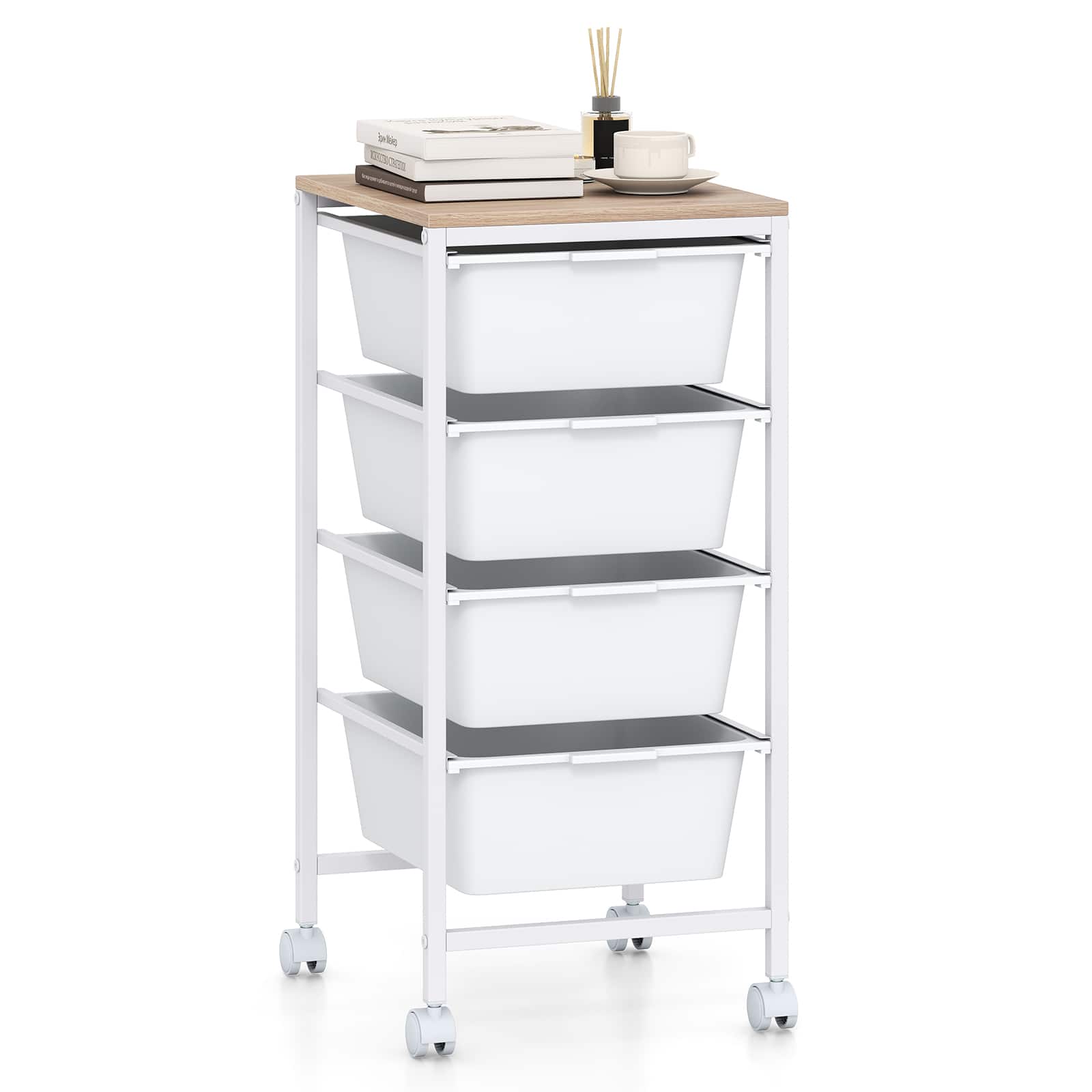 Costway - 4-Drawer Arts Rolling Storage Cart with Wooden Tabletop & Lockable Wheels for Office - Natural + White