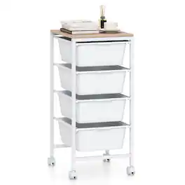 Costway - 4-Drawer Arts Rolling Storage Cart with Wooden Tabletop & Lockable Wheels for Office - Natural + White